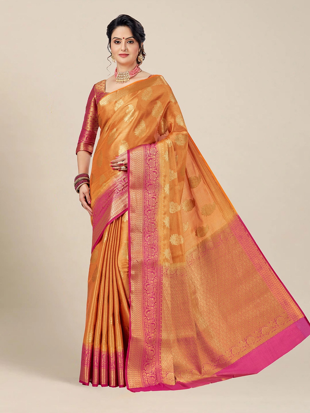 

MS RETAIL Woven Design Zari Silk Blend Banarasi Saree, Orange