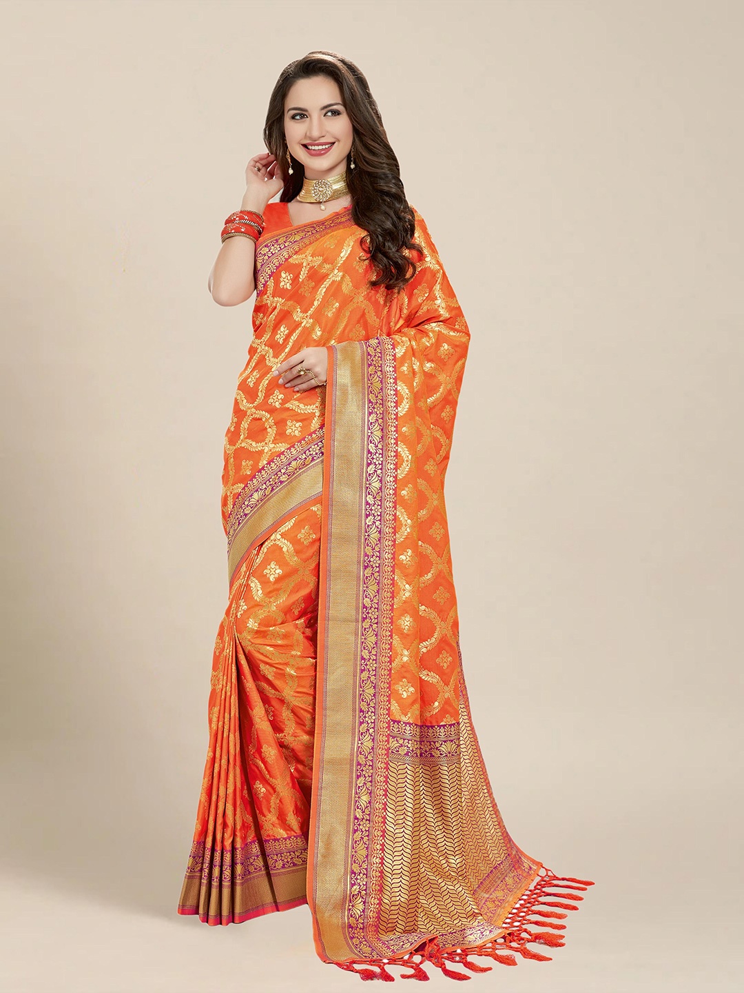 

MS RETAIL Woven Design Zari Silk Blend Banarasi Saree, Orange