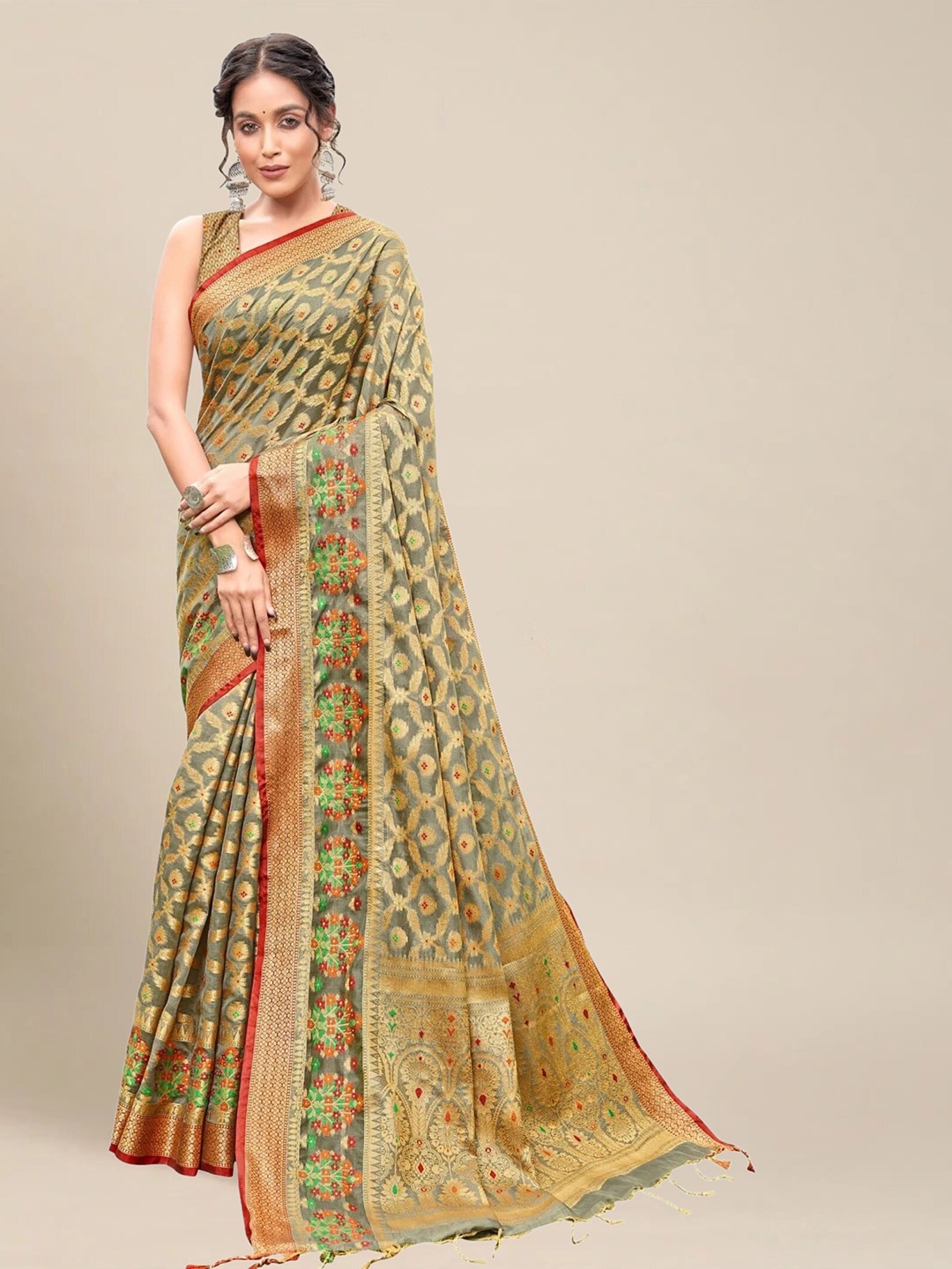 

MS RETAIL Woven Design Zari Organza Banarasi Saree, Grey