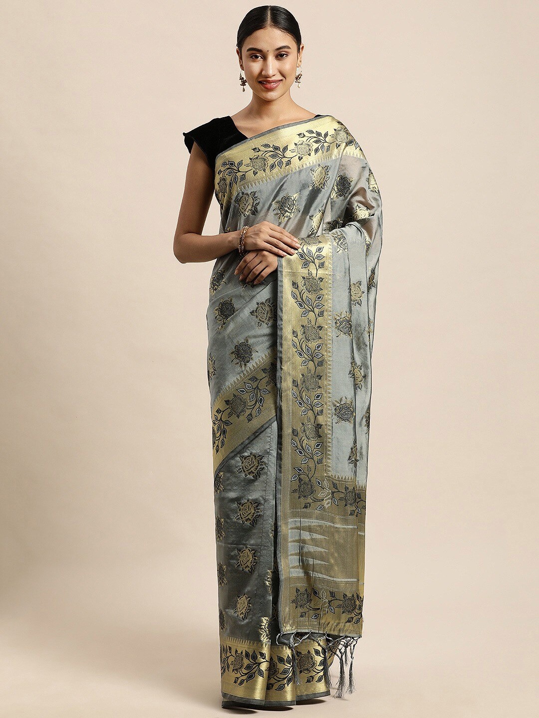 

MS RETAIL Ethnic Motifs Zari Organza Banarasi Saree, Grey