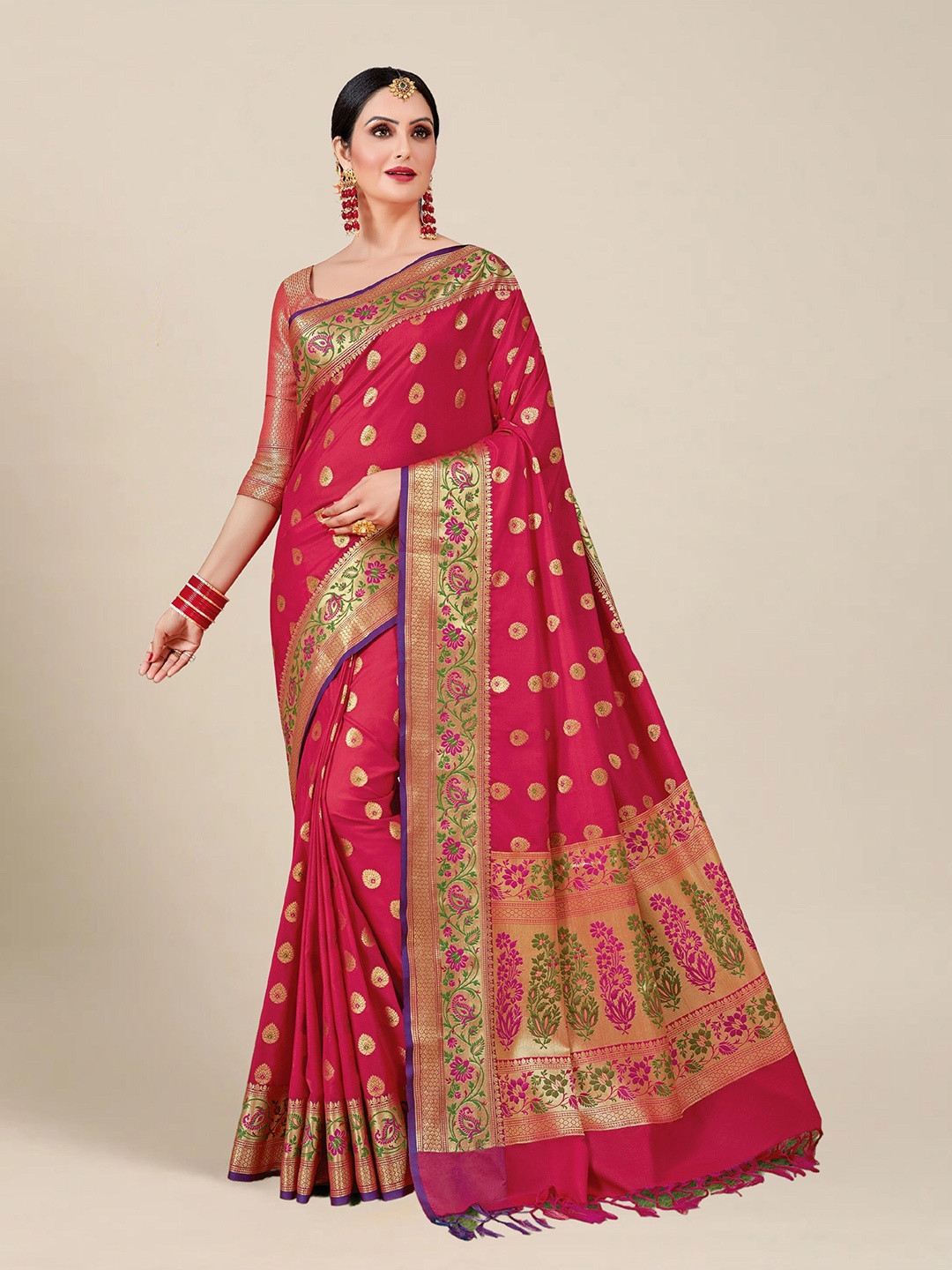 

MS RETAIL Woven Design Zari Silk Blend Banarasi Saree, Pink