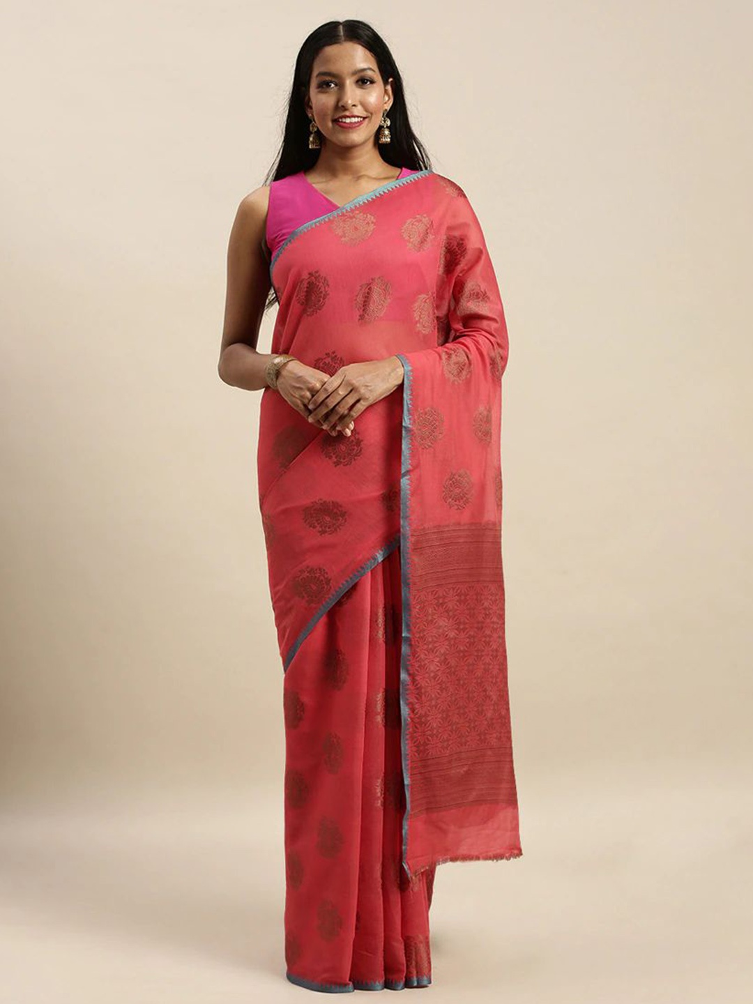 

MS RETAIL Woven Design Zari Silk Blend Dharmavaram Saree, Pink
