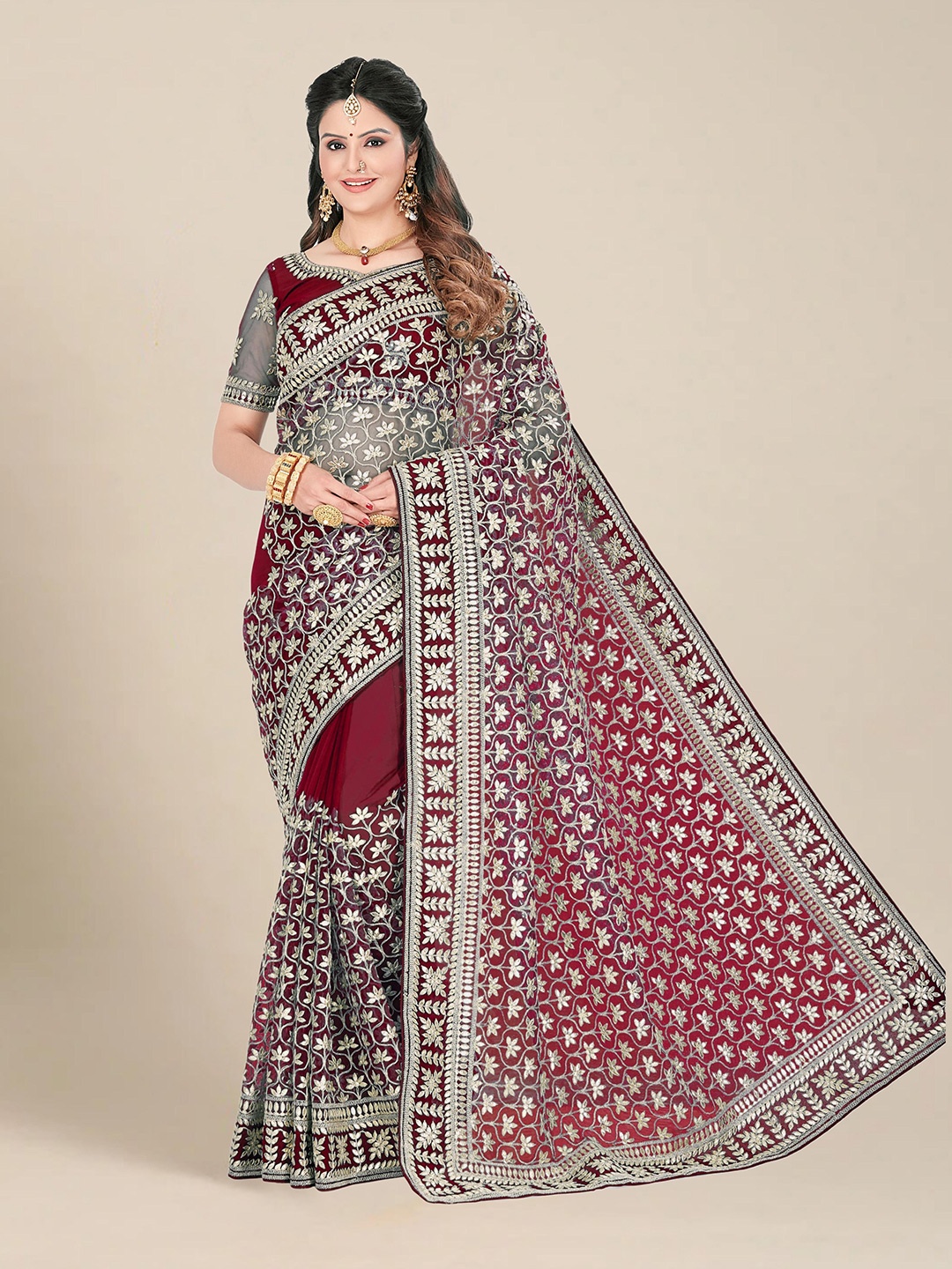 

MS RETAIL Ethnic Motifs Embroidered Net Saree, Maroon