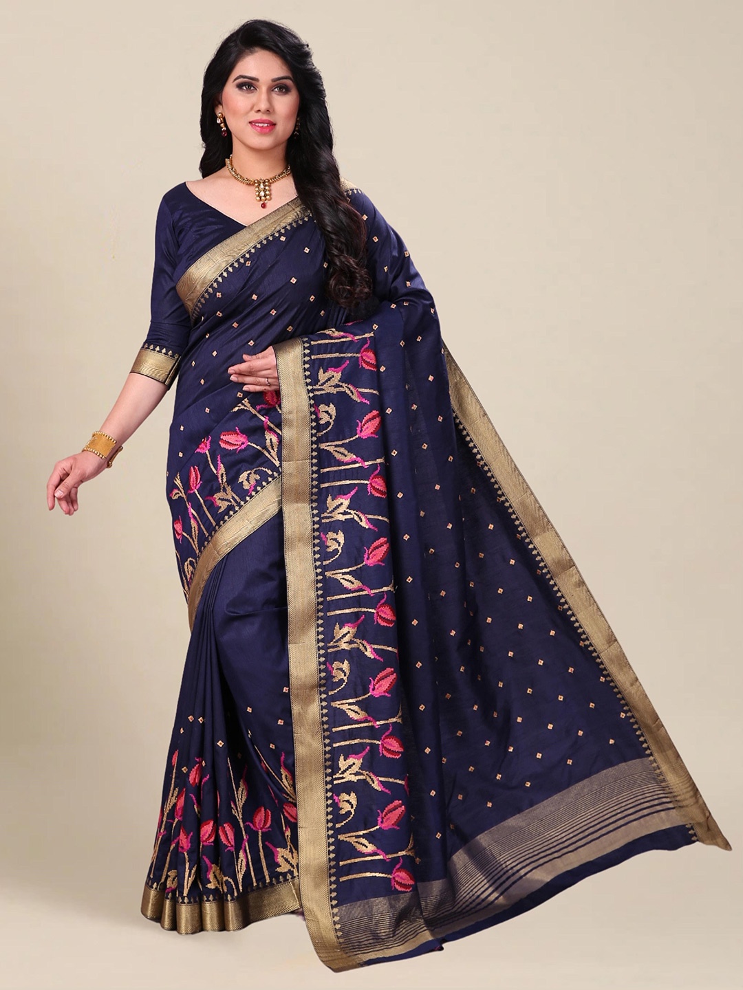 

MS RETAIL Woven Design Embroidered Silk Blend Kanjeevaram Saree, Navy blue