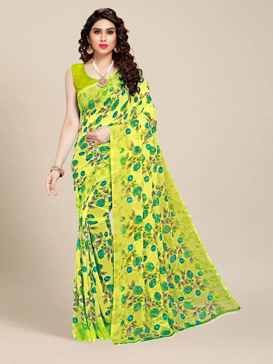 

MS RETAIL Yellow & Green Floral Saree
