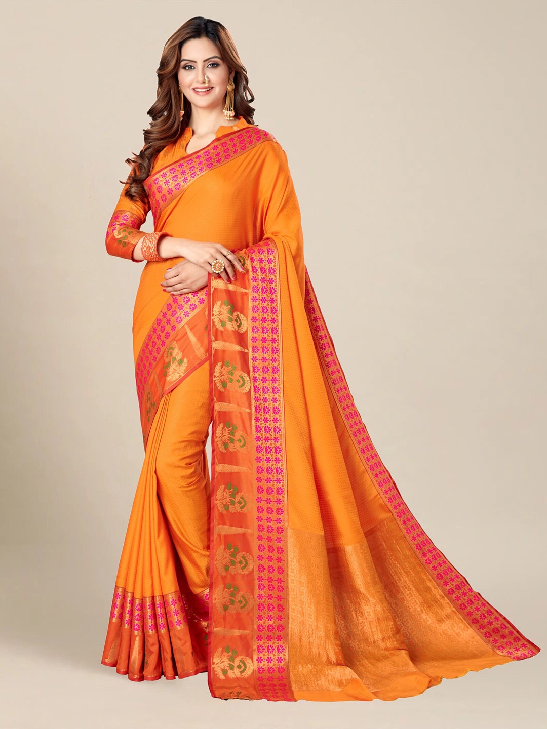 

MS RETAIL Woven Design Silk Blend Banarasi Saree, Orange