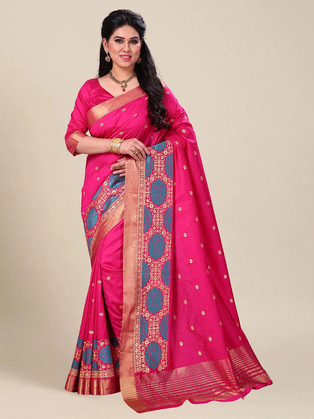 

MS RETAIL Woven Design Silk Blend Kanjeevaram Saree, Pink