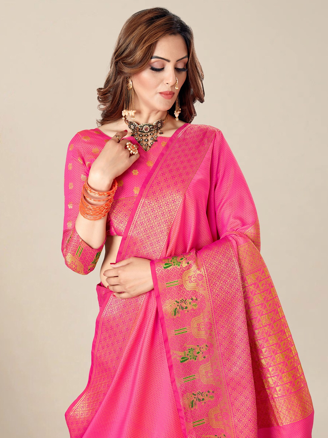 

MS RETAIL Woven Design Silk Blend Banarasi Saree, Pink
