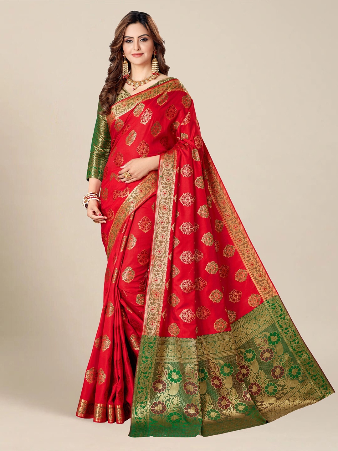 

MS RETAIL Woven Design Silk Blend Banarasi Saree, Red