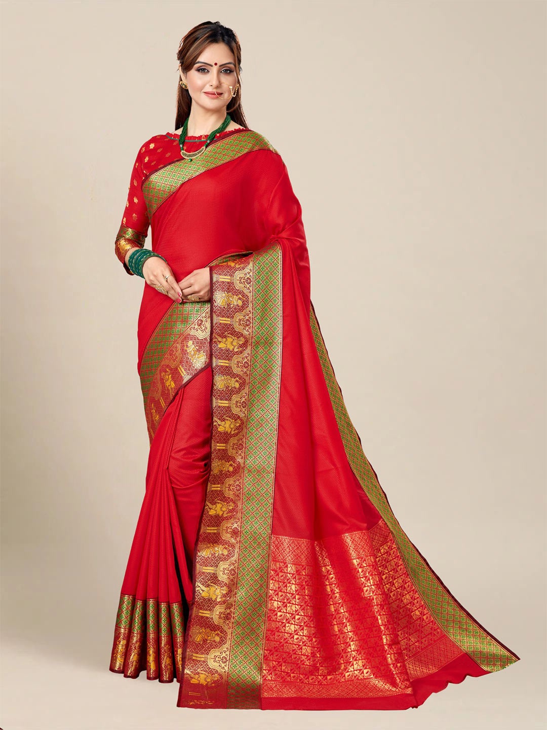 

MS RETAIL Red & Green Woven Design Zari Silk Blend Banarasi Saree