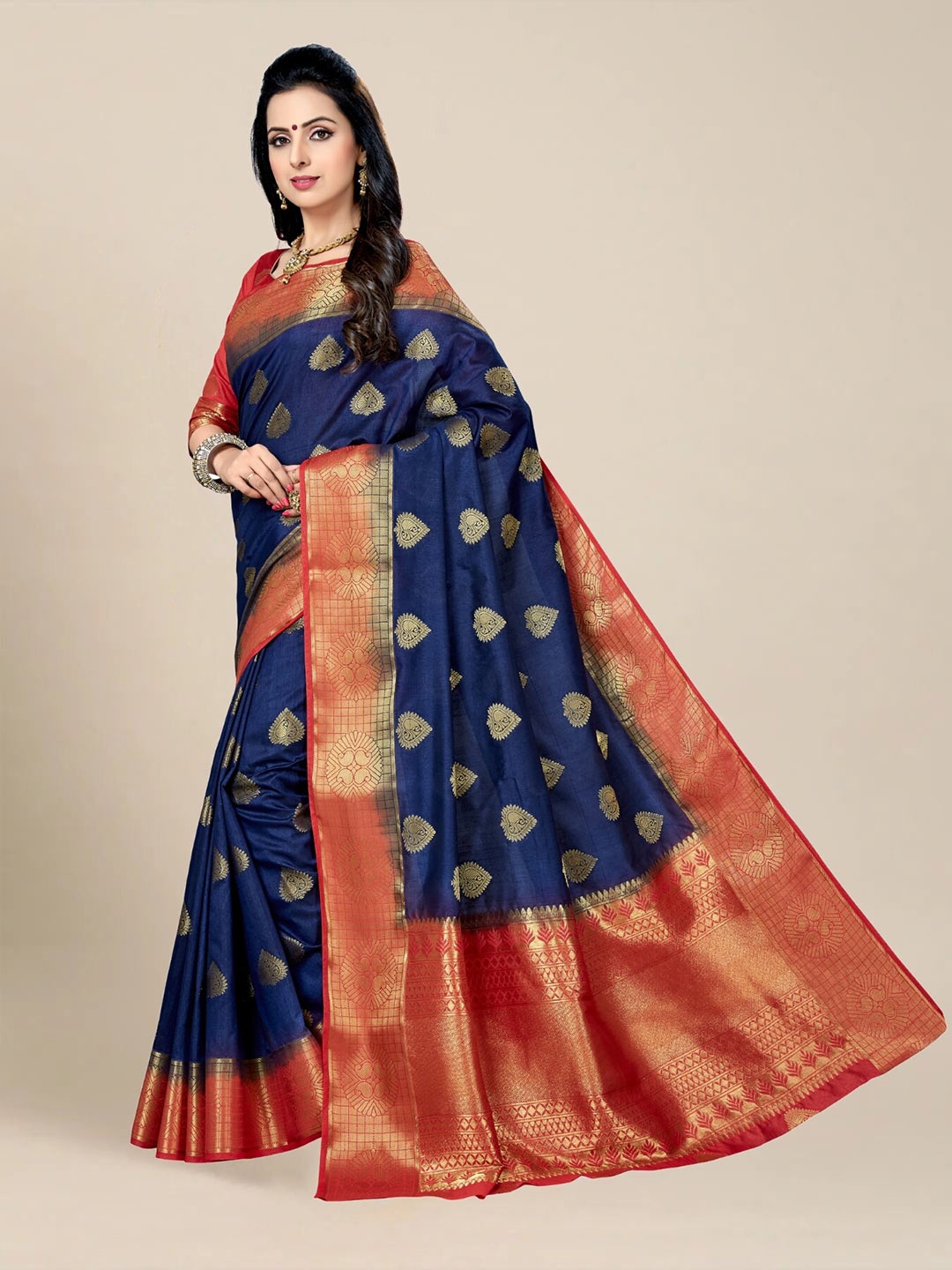 

MS RETAIL Navy Blue & Red Woven Design Zari Silk Blend Kanjeevaram Saree