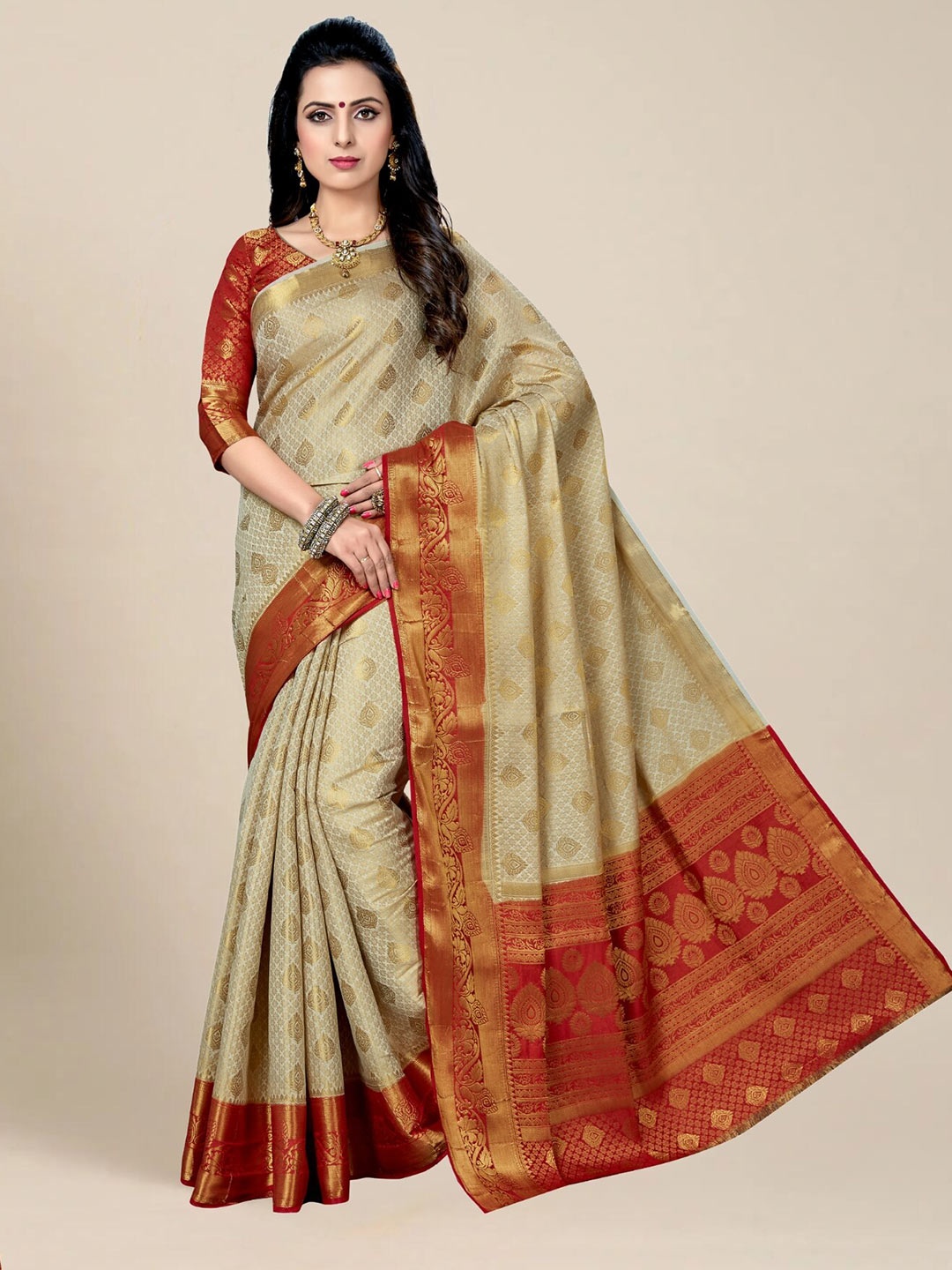 

MS RETAIL Cream-Coloured & Red Woven Design Zari Silk Blend Kanjeevaram Saree