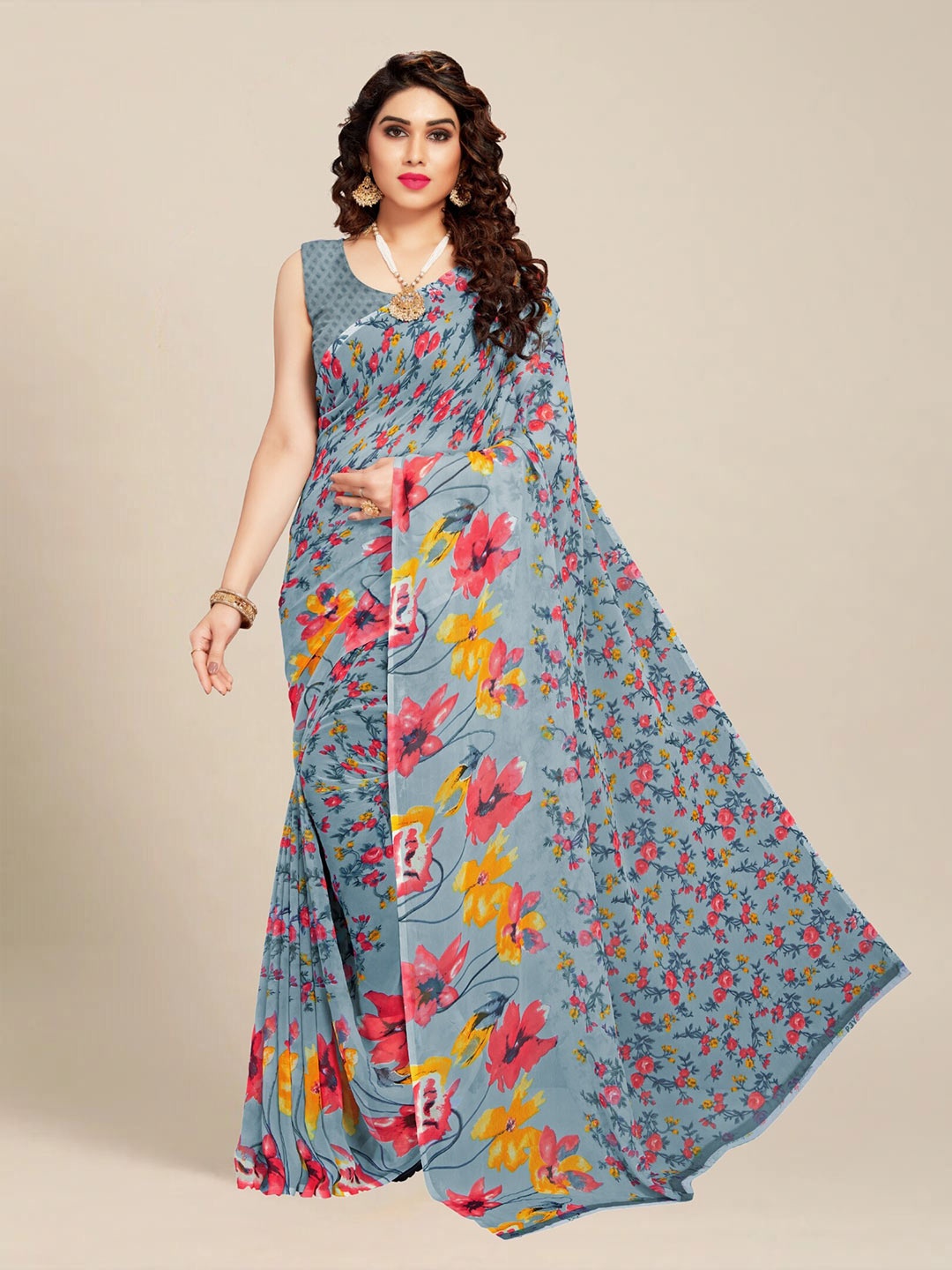 

MS RETAIL Grey & Red Floral Saree