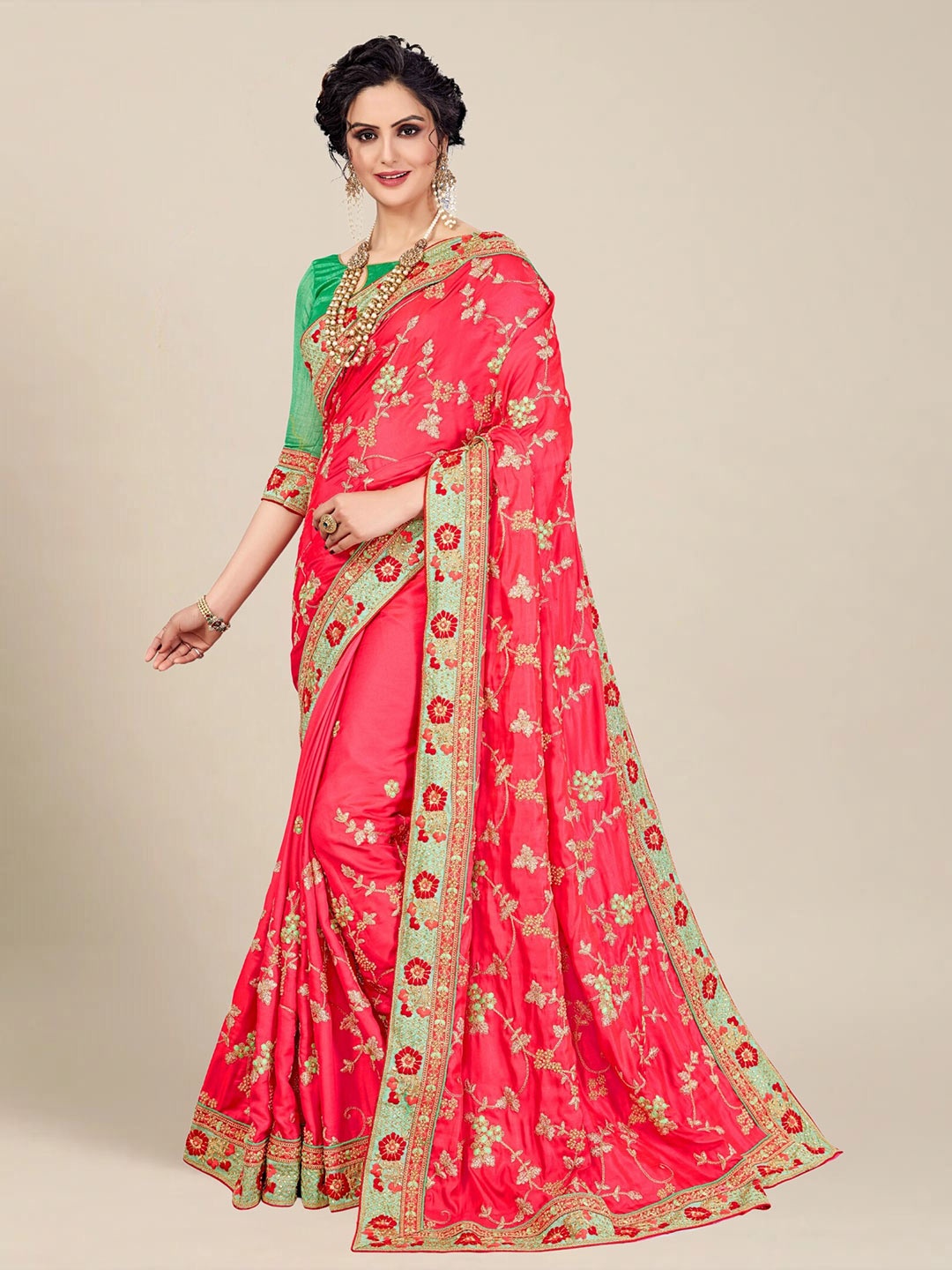 

MS RETAIL Pink & Gold-Toned Floral Embroidered Silk Blend Dharmavaram Saree