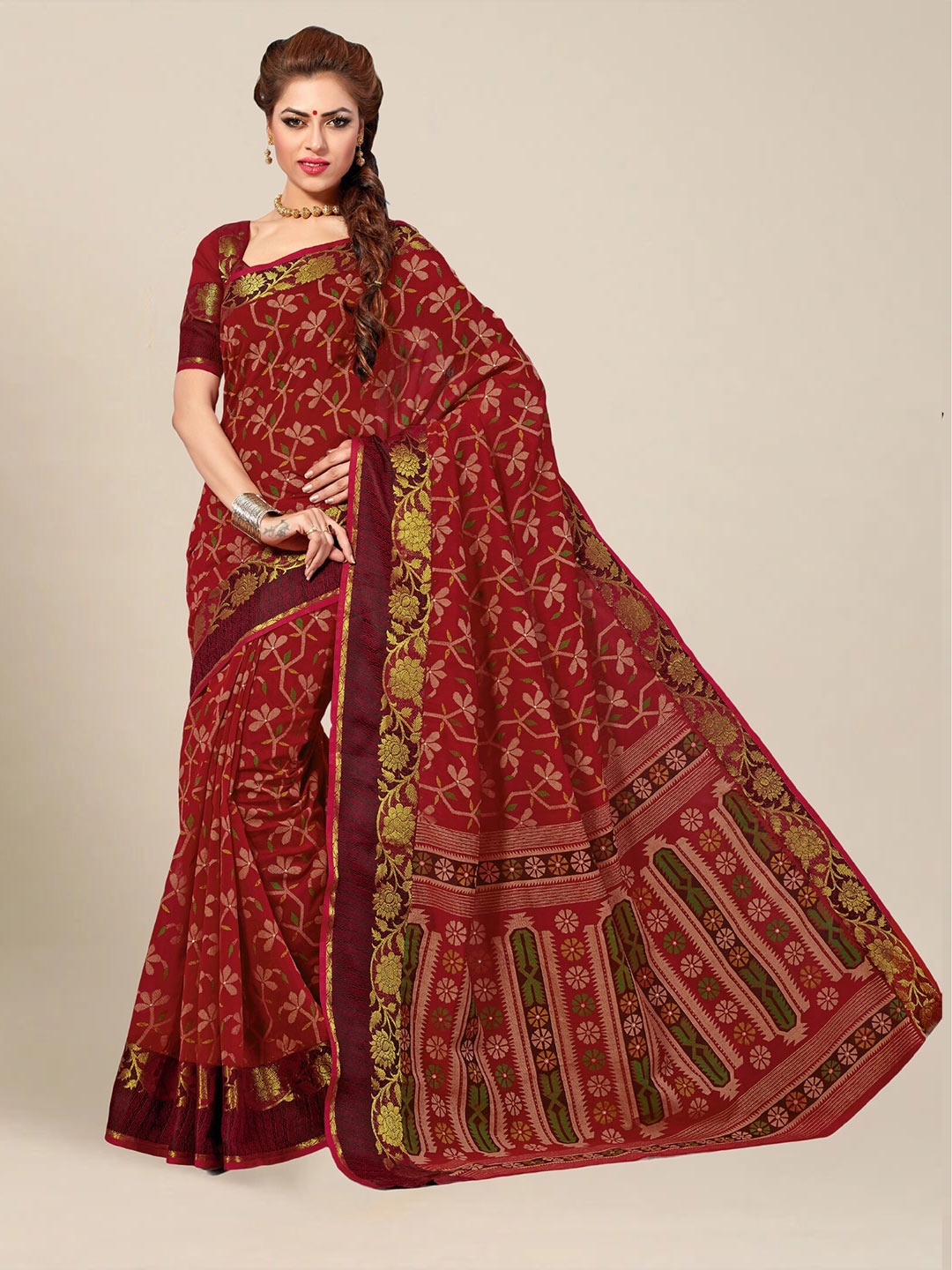 

MS RETAIL Maroon & Green Woven Design Zari Pure Cotton Fusion Gadwal Saree