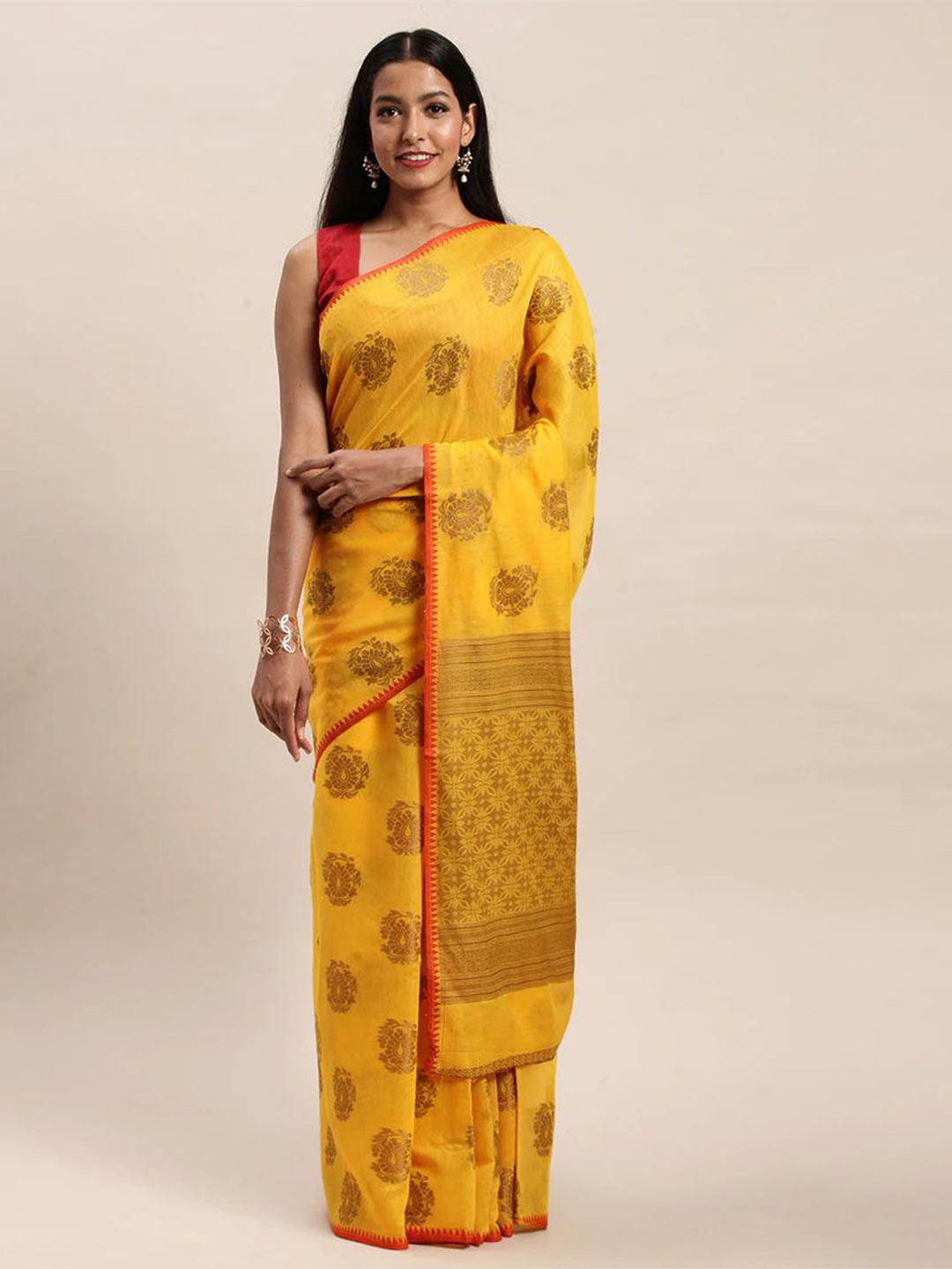 

MS RETAIL Yellow & Gold-Toned Woven Design Zari Silk Blend Dharmavaram Saree