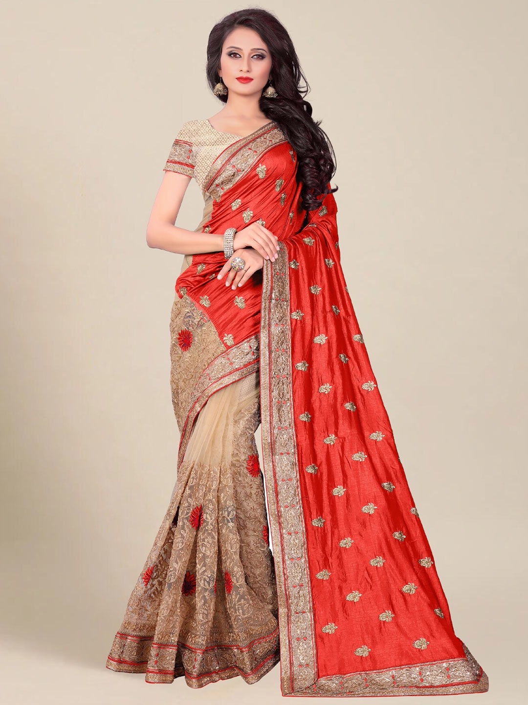 

MS RETAIL Red & Gold-Toned Floral Zari Silk Blend Half and Half Saree