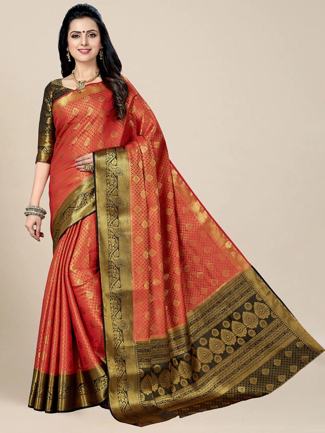 

MS RETAIL Red & Blue Woven Design Zari Silk Blend Kanjeevaram Saree