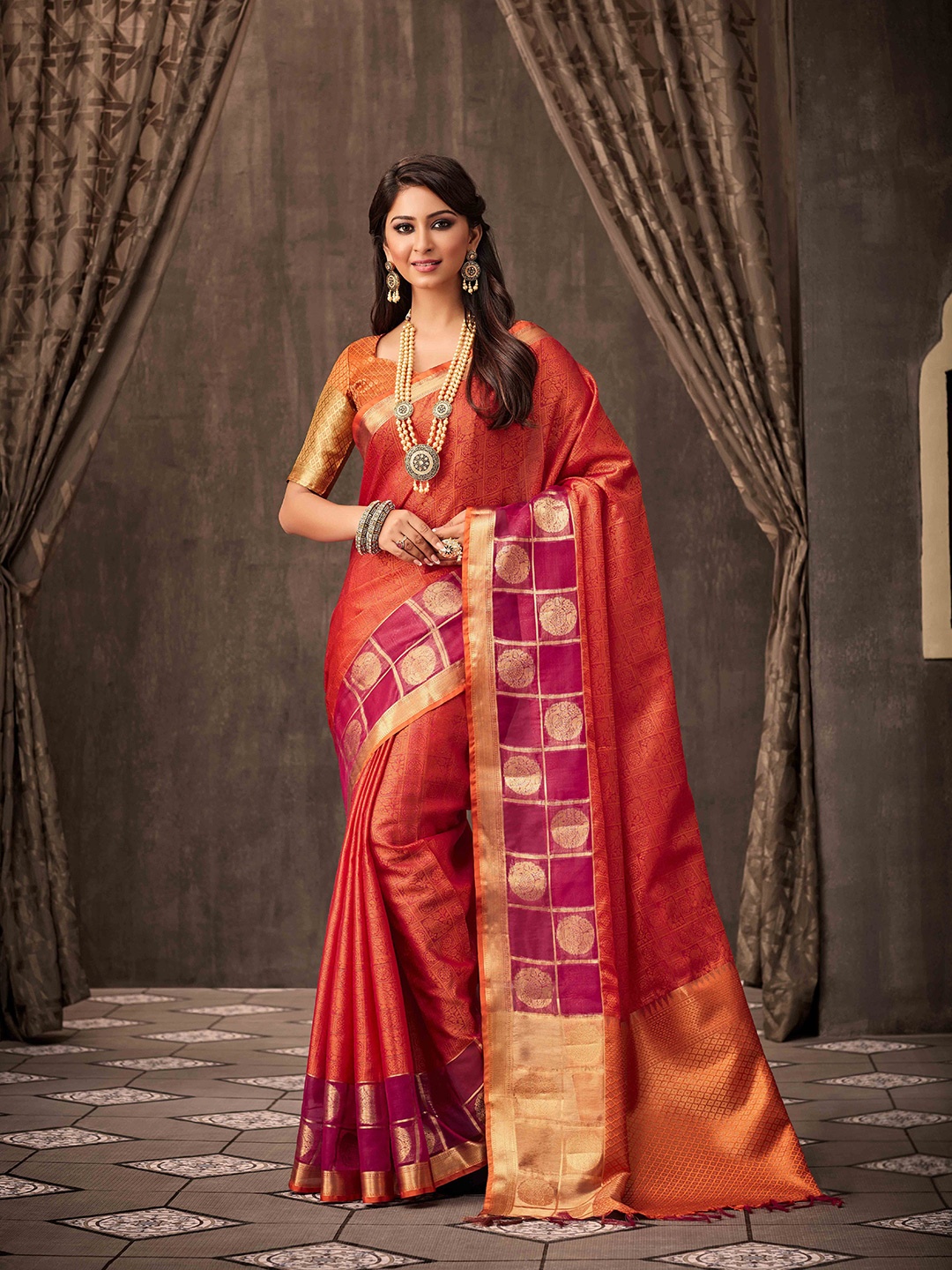 

MS RETAIL Woven Design Zari Silk Blend Saree, Rust