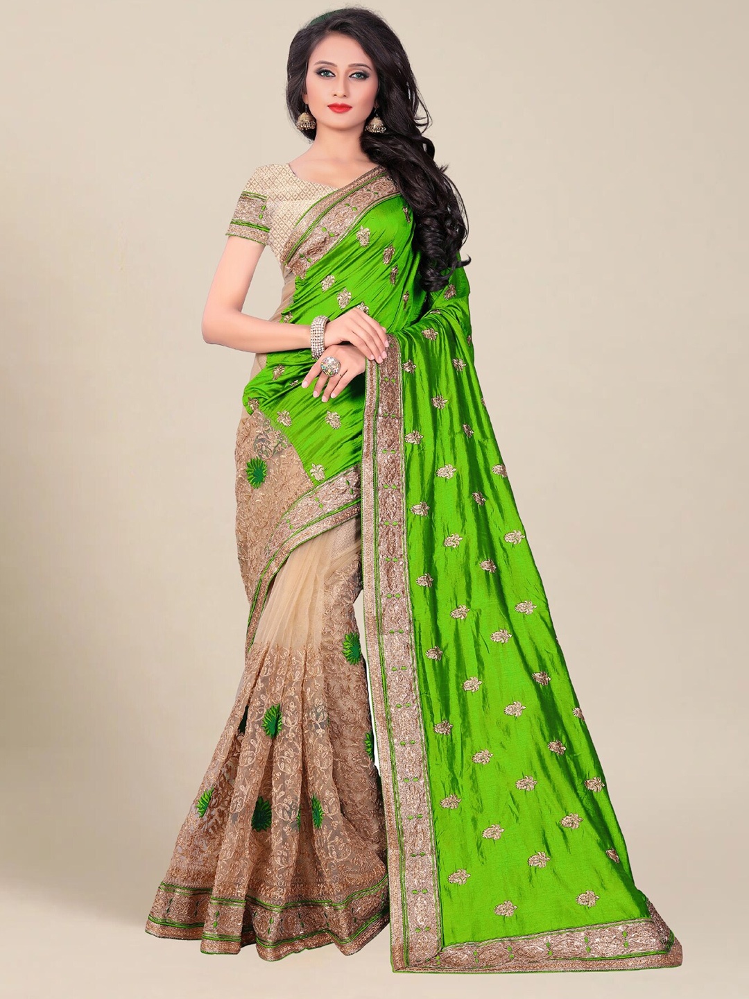 

MS RETAIL Floral Embroidered Silk Blend Half and Half Saree, Green