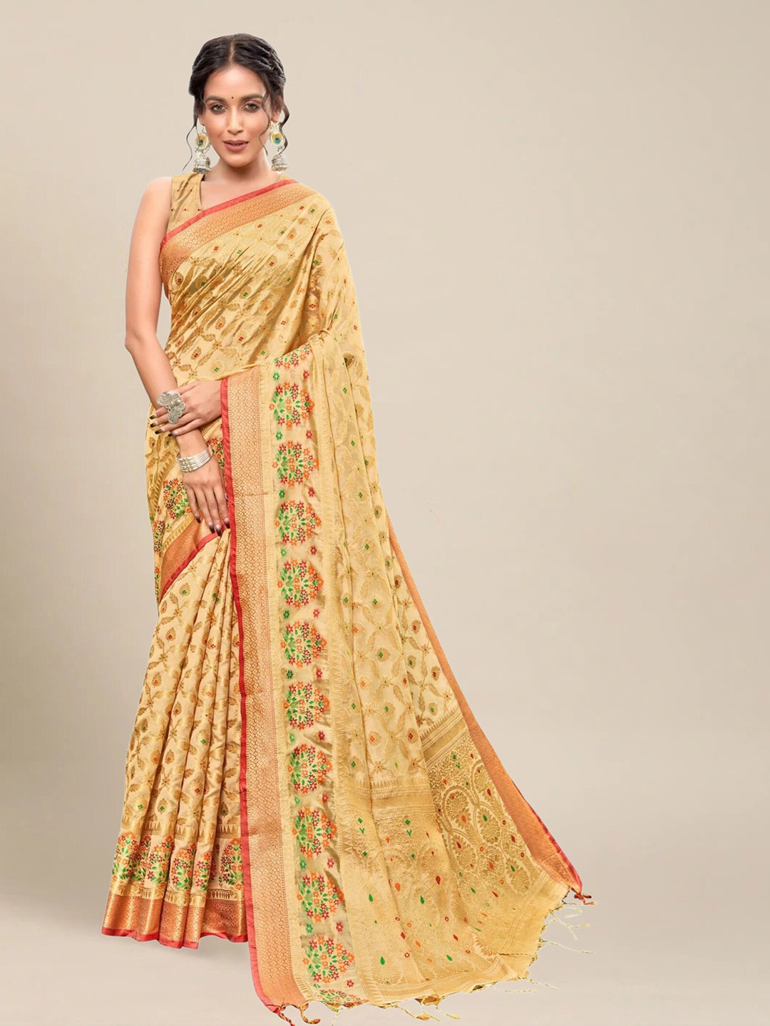 

MS RETAIL Woven Design Zari Organza Banarasi Saree, Champagne
