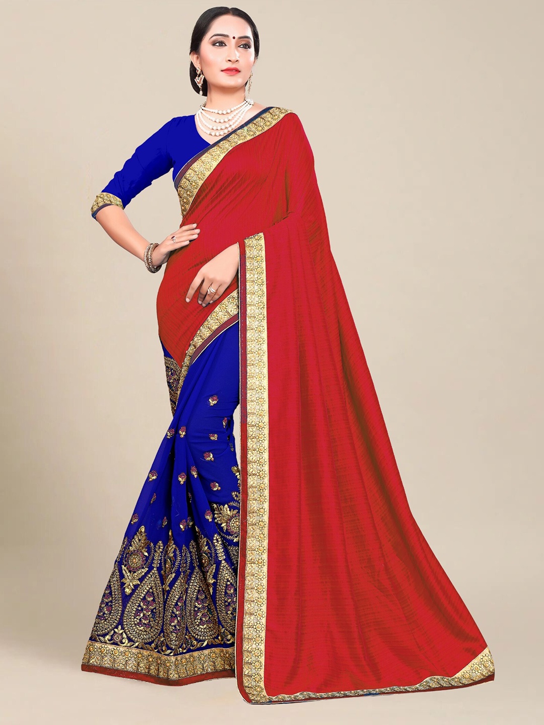

MS RETAIL Floral Embroidered Silk Blend Half and Half Saree, Red