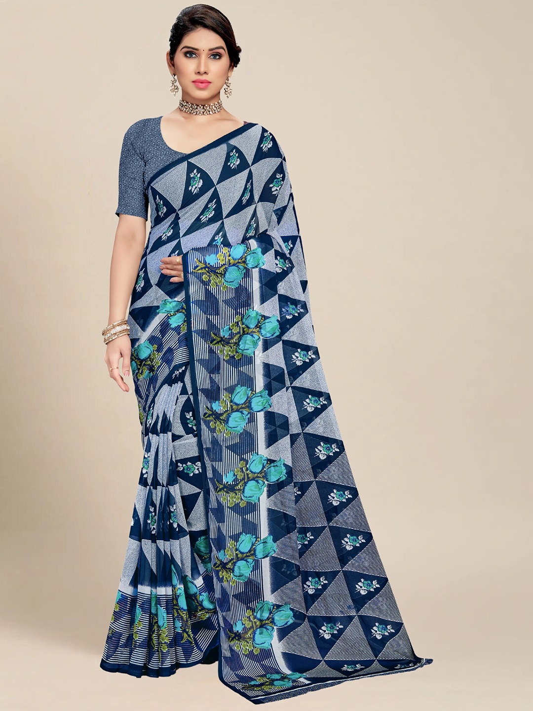 

MS RETAIL Geometric Printed Pure Georgette Saree, Blue