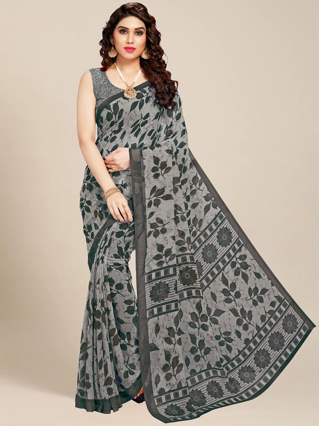 

MS RETAIL Floral Printed Saree, Beige