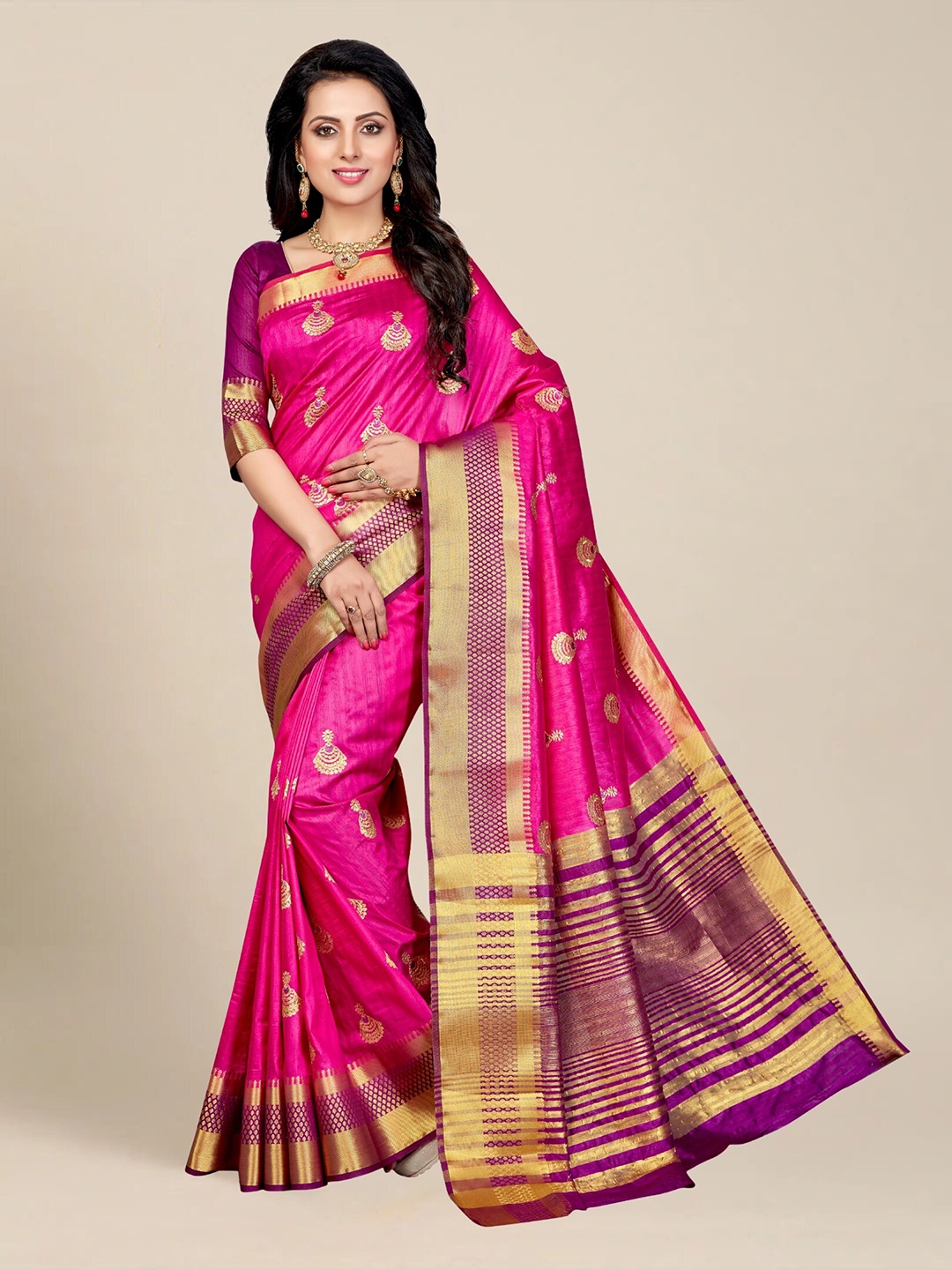 

MS RETAIL Woven Design Zari Silk Blend Kanjeevaram Saree, Pink
