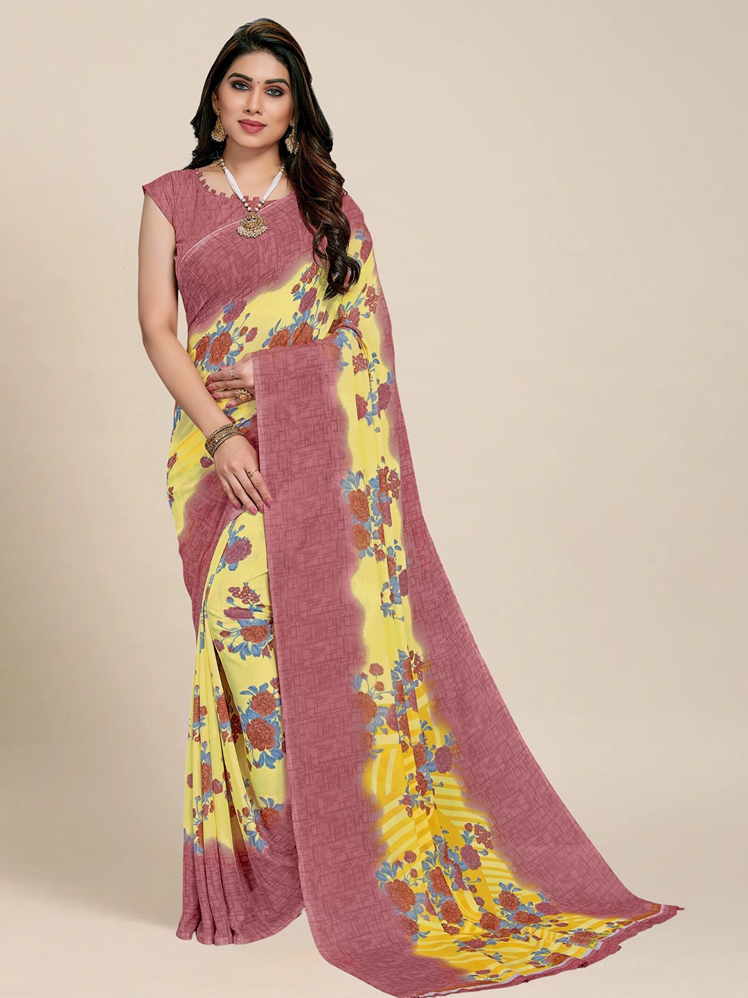 

MS RETAIL Floral Printed Saree, Yellow