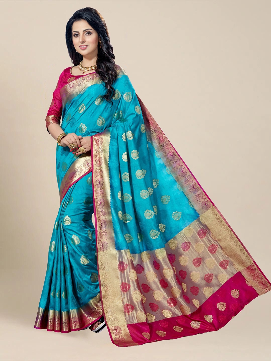 

MS RETAIL Woven Design Zari Silk Blend Kanjeevaram Saree, Blue