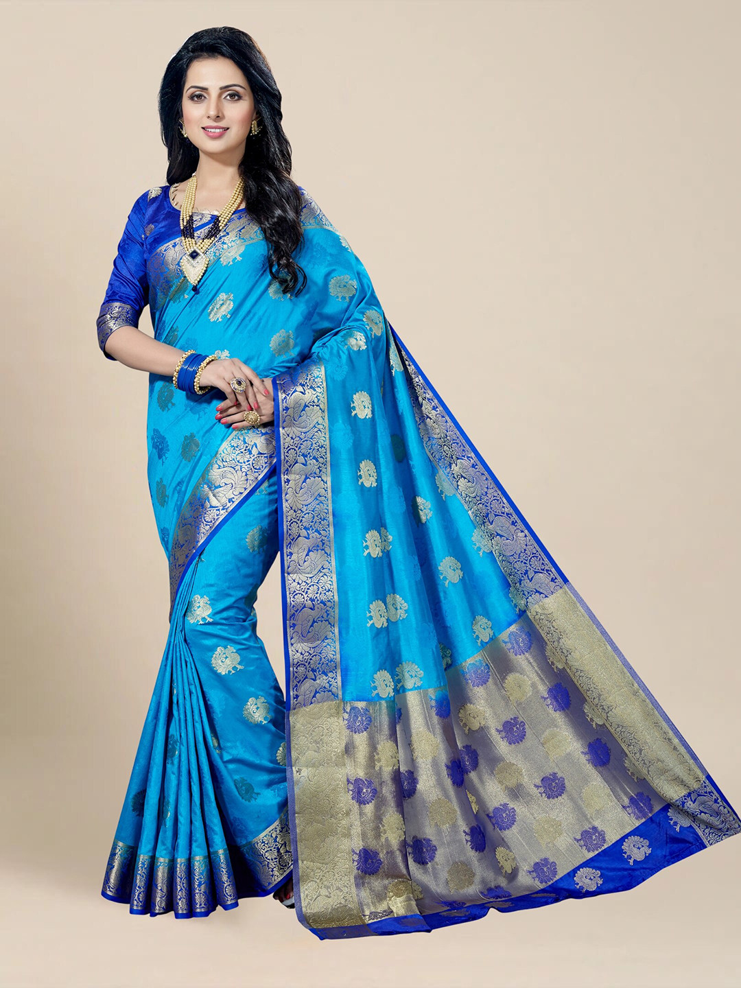 

MS RETAIL Woven Design Zari Silk Blend Kanjeevaram Saree, Blue