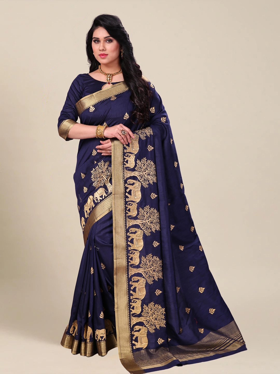 

MS RETAIL Floral Embroidered Silk Blend Heavy Work Kanjeevaram Saree, Navy blue