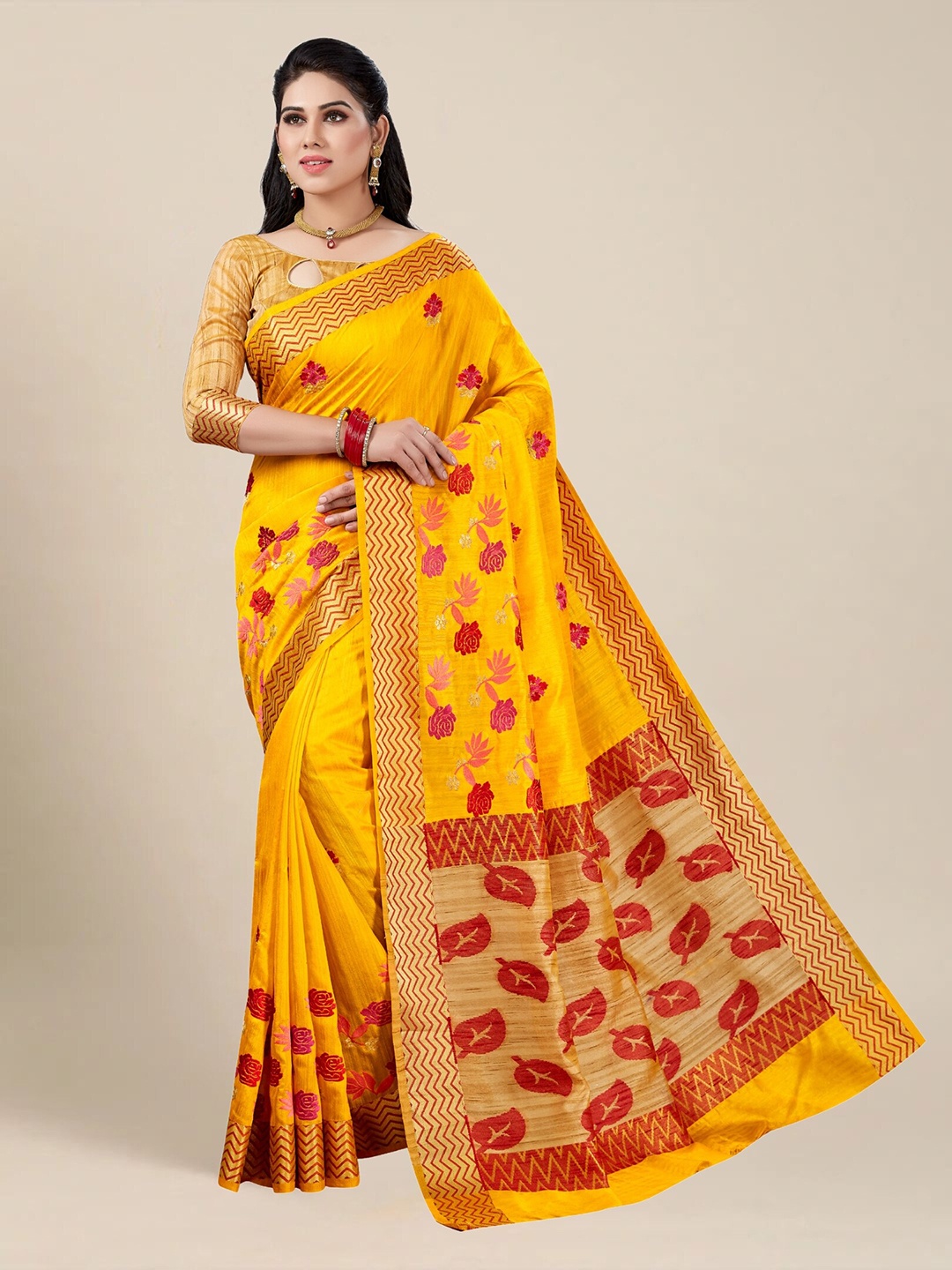

MS RETAIL Woven Design Zari Silk Blend Kanjeevaram Saree, Yellow