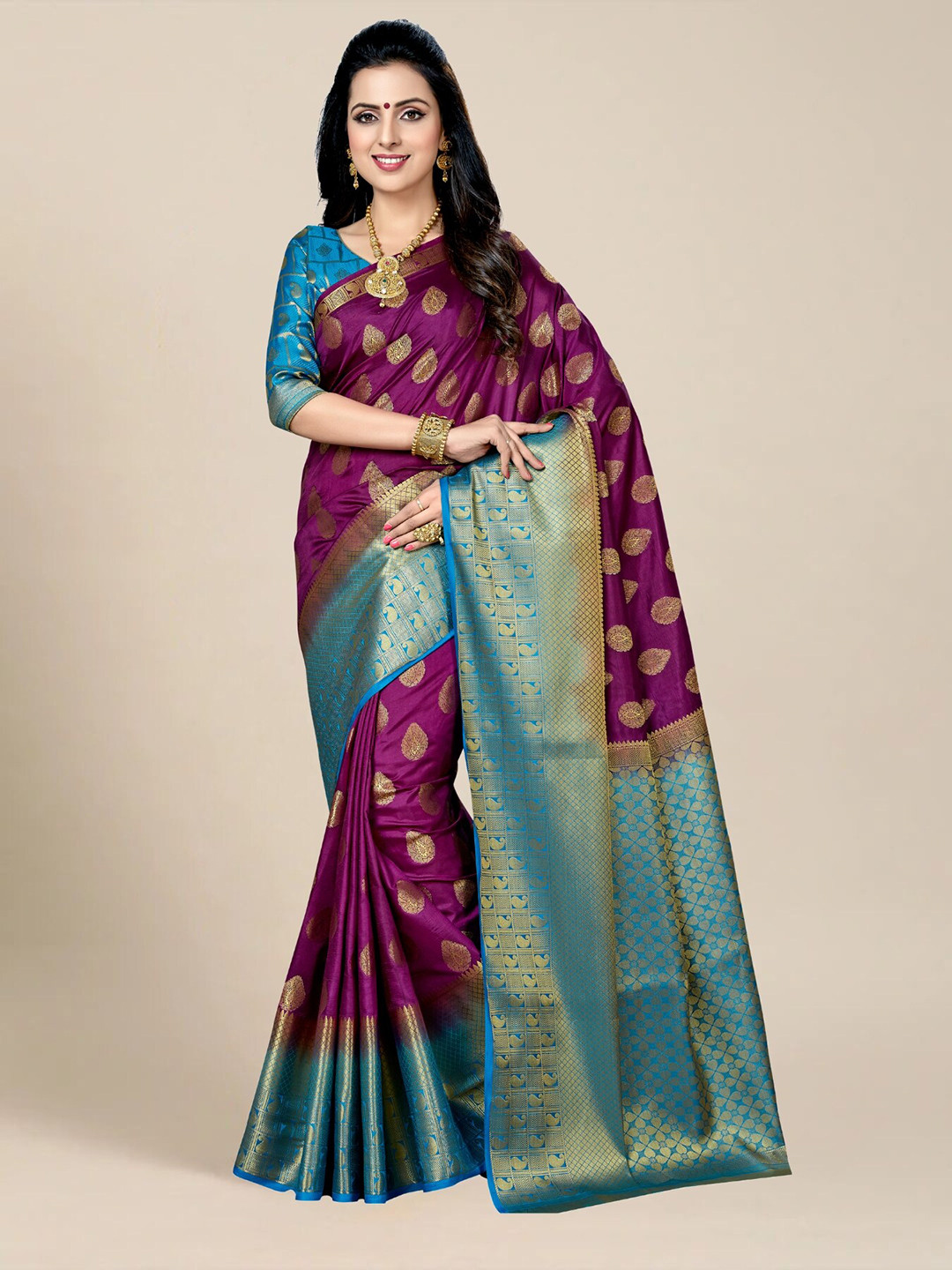 

MS RETAIL Woven Design Zari Silk Blend Kanjeevaram Saree, Purple