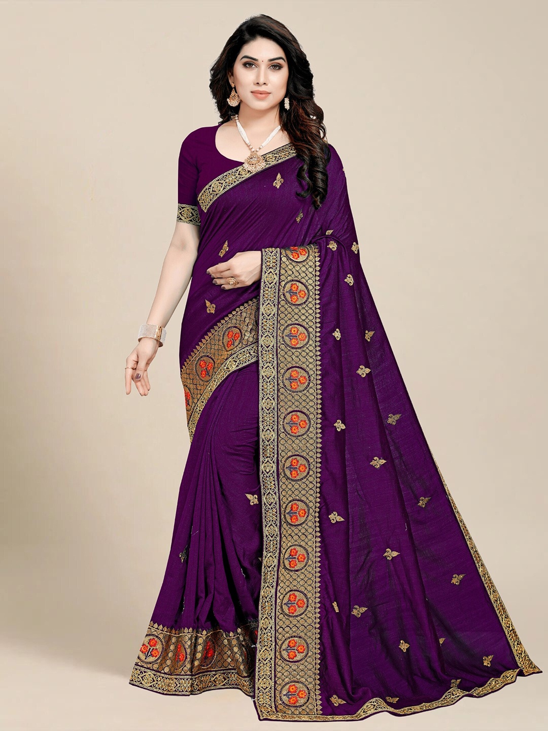 

MS RETAIL Purple & Red Floral Embroidered Silk Blend Saree