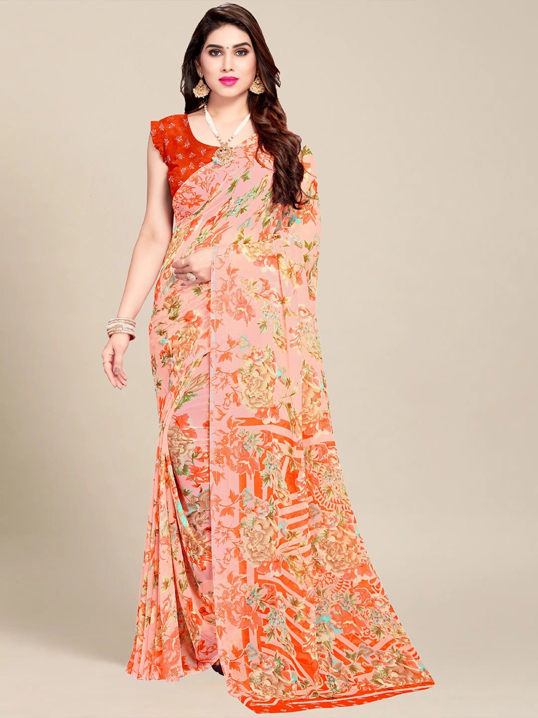 

MS RETAIL Orange & Blue Floral Saree
