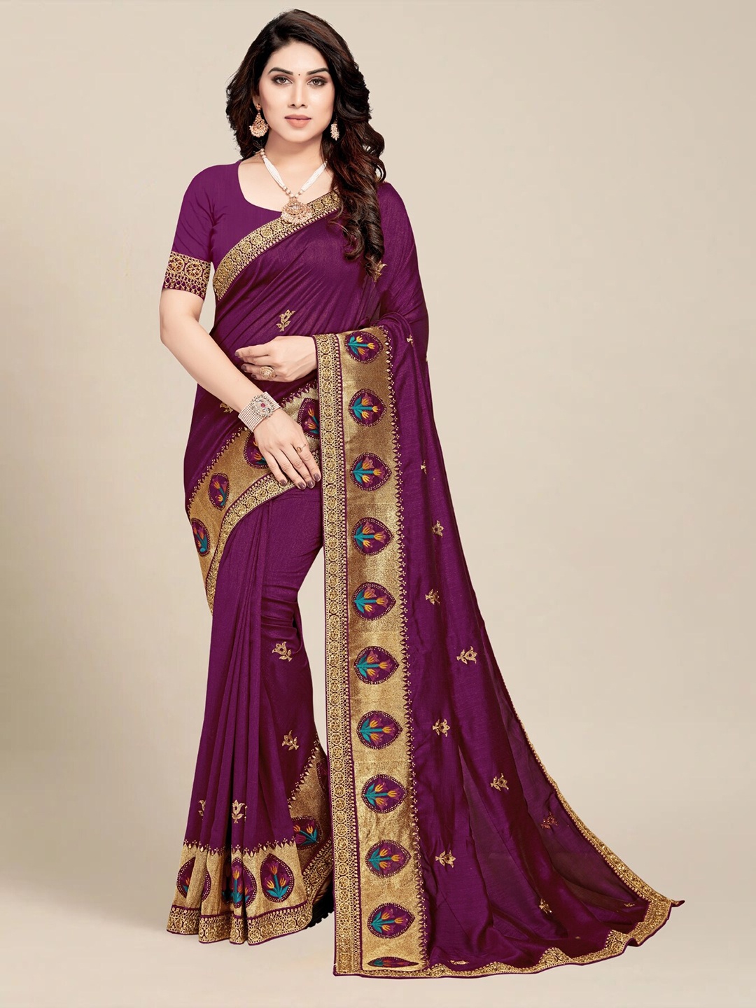 

MS RETAIL Purple & Gold-Toned Floral Embroidered Silk Blend Saree