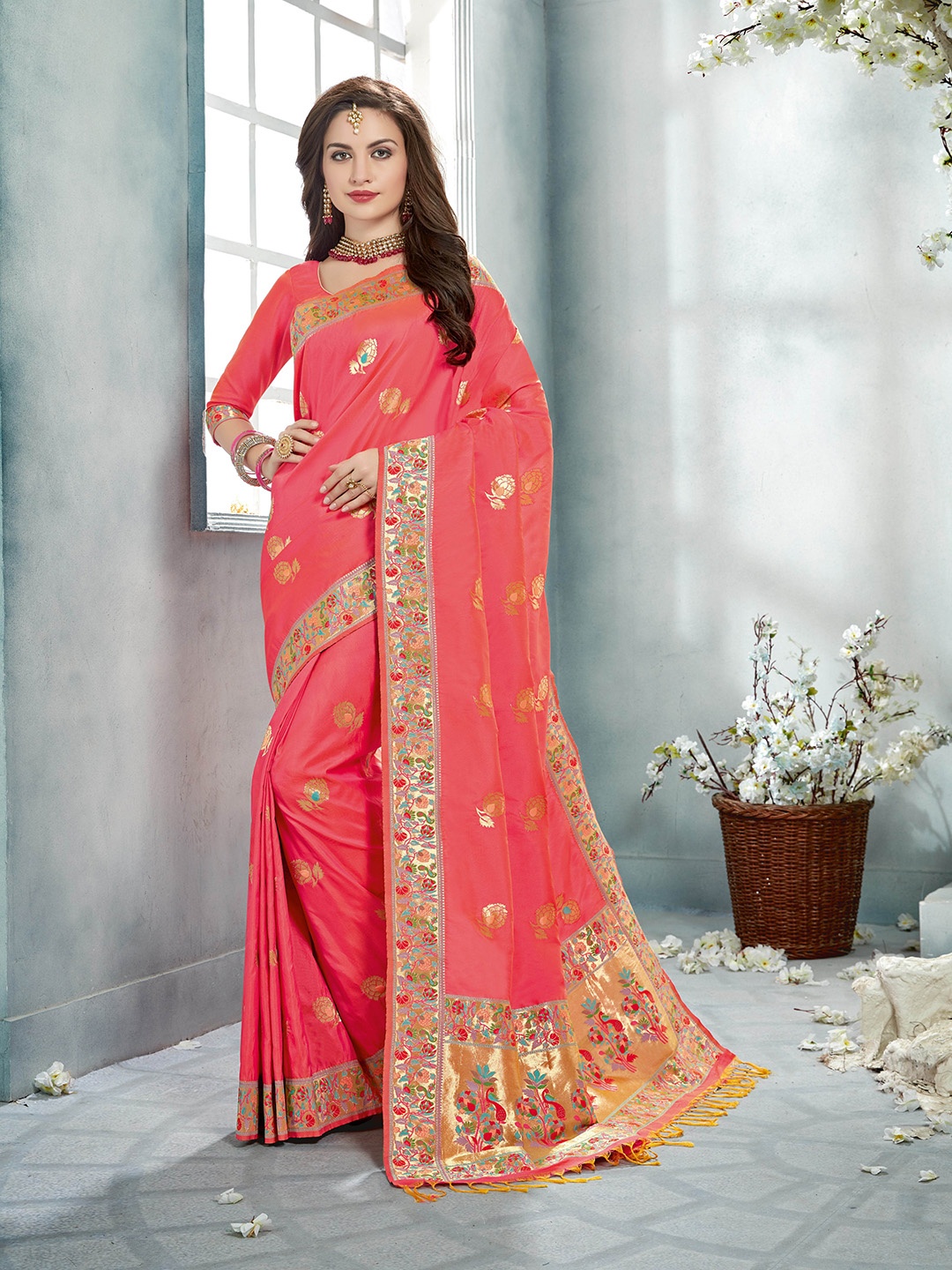 

MS RETAIL Pink & Blue Woven Design Zari Silk Blend Banarasi Saree