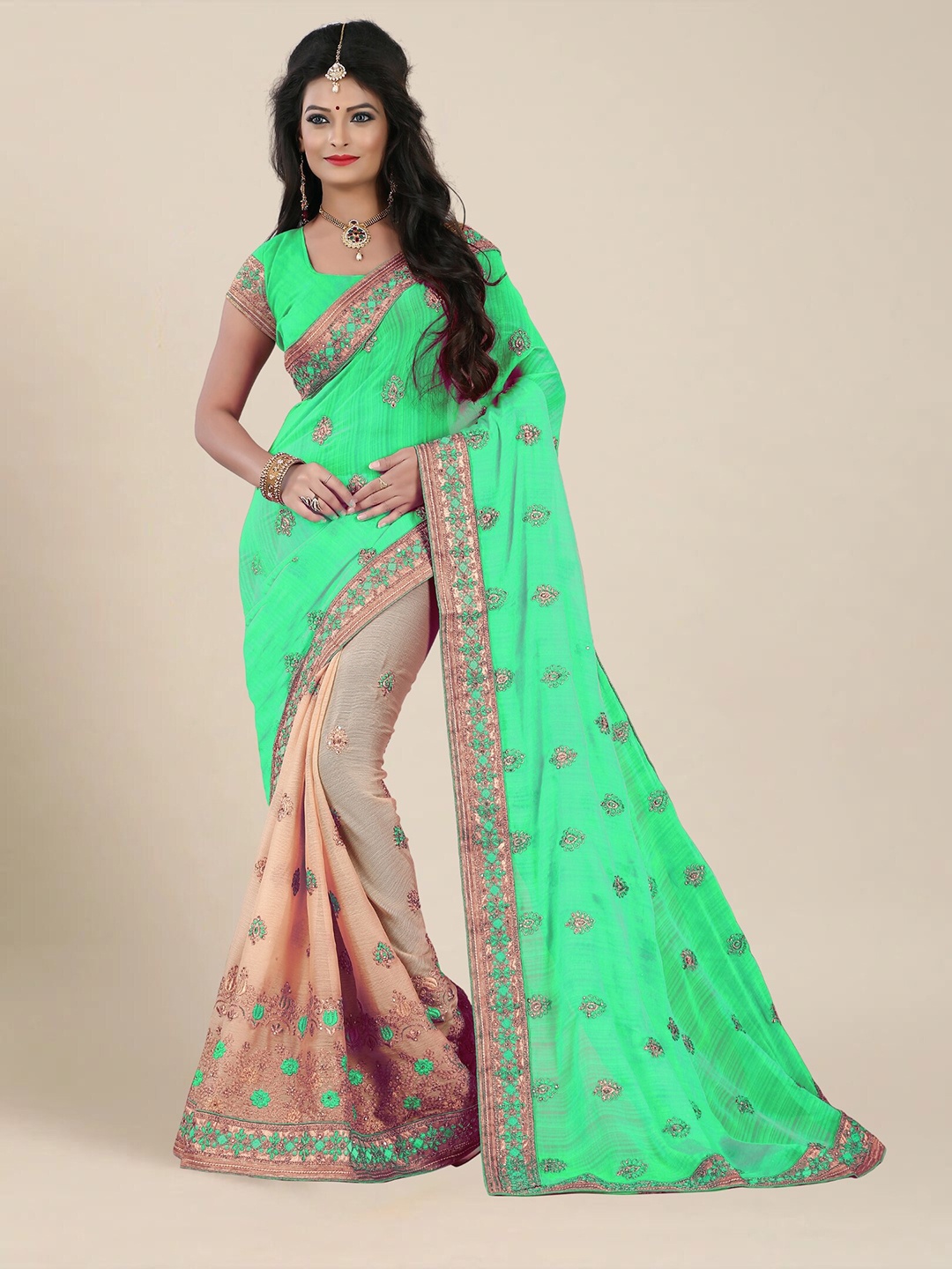 

MS RETAIL Green & Beige Floral Embroidered Half and Half Saree