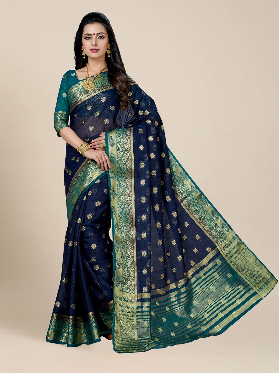 

MS RETAIL Navy Blue & Green Woven Design Zari Silk Blend Kanjeevaram Saree