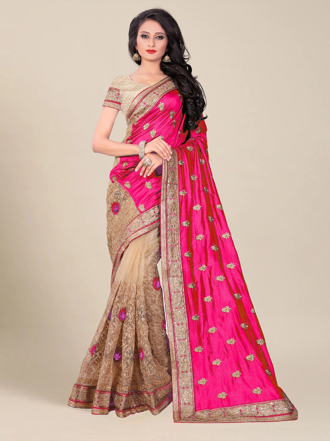 

MS RETAIL Pink & Gold-Toned Floral Embroidered Silk Blend Half and Half Saree