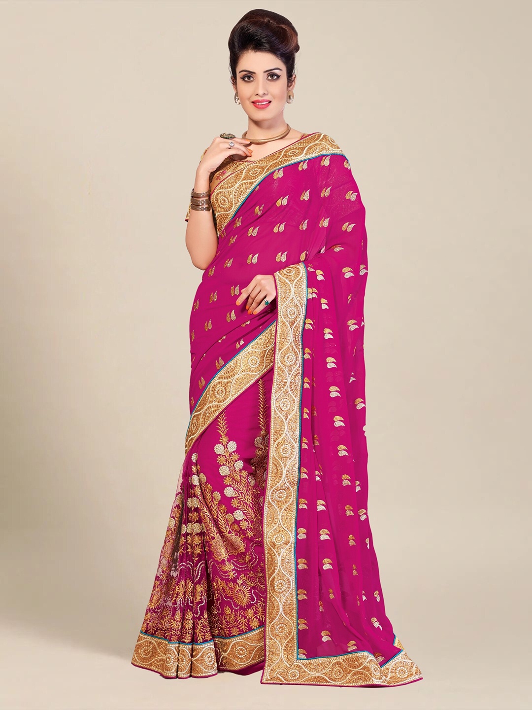 

MS RETAIL Pink & Gold-Toned Floral Zari Pure Georgette Saree