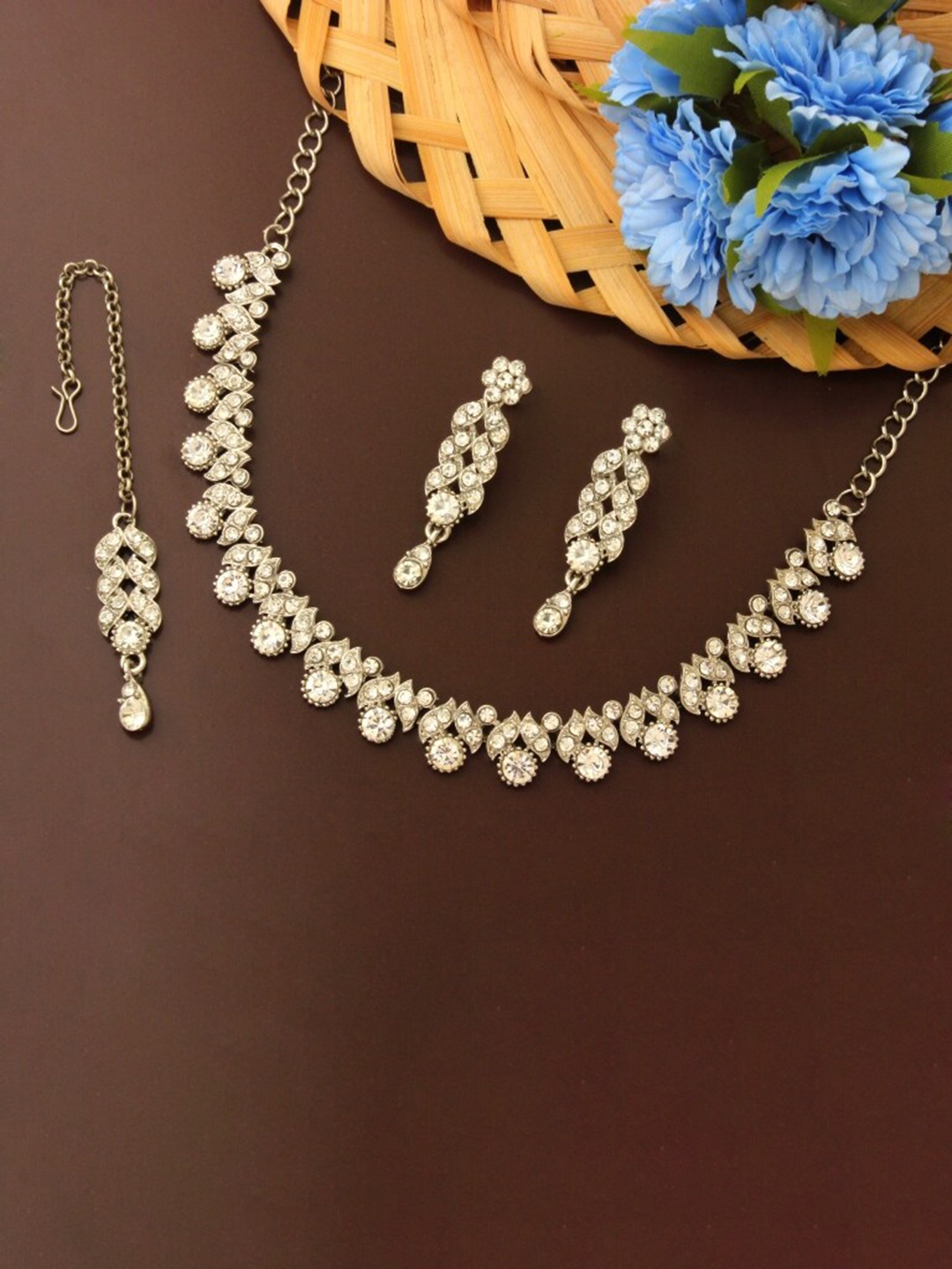 

Atasi International Rhodium-Plated Silver-Toned White Crystal Stone-Studded Choker Necklace Set