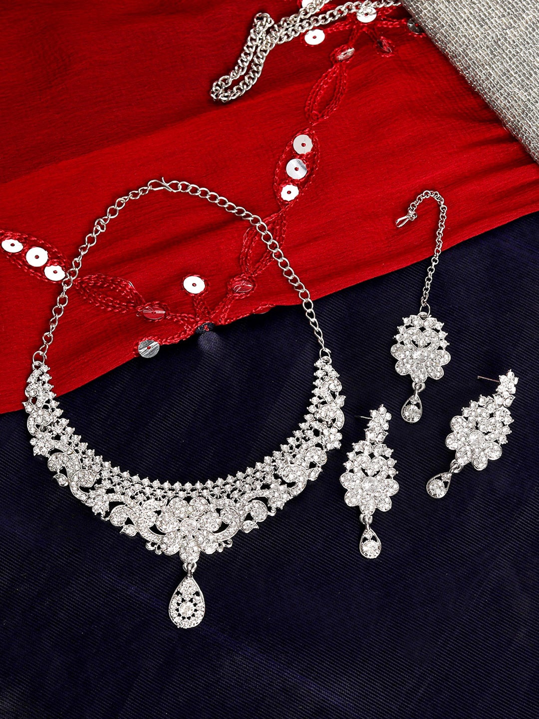 

Atasi International Silver-Plated Crystals Studded Flower Design Jewellery Set