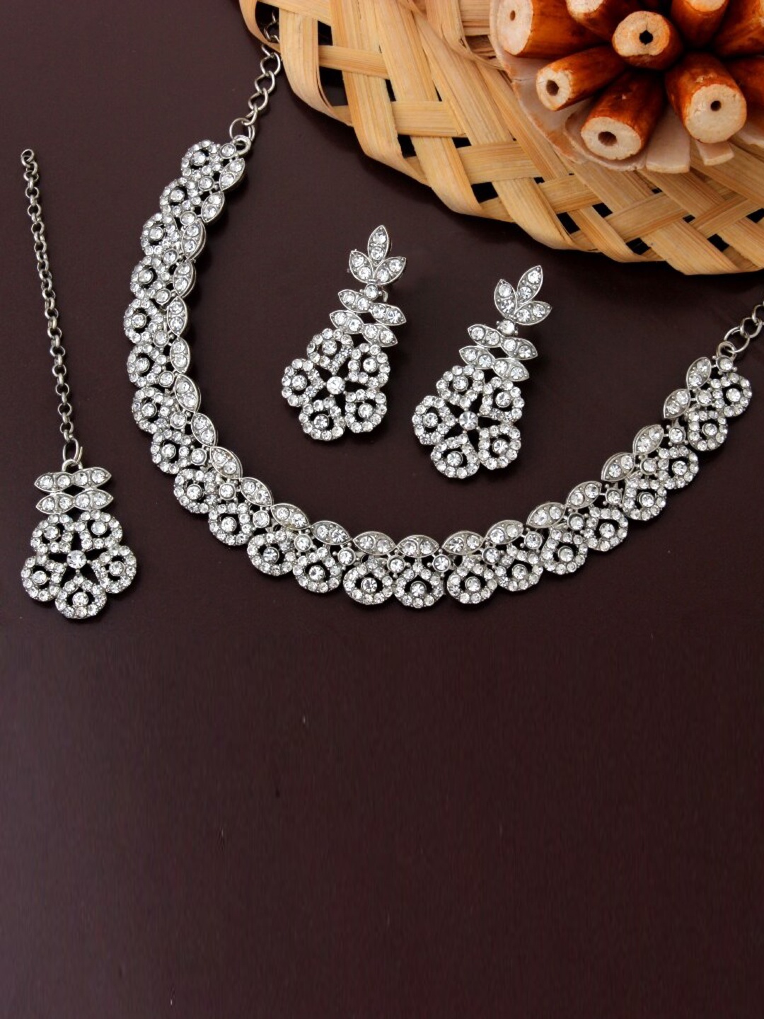 

Atasi International Silver-Plated White Crystal Stone-Studded Choker Necklace Set