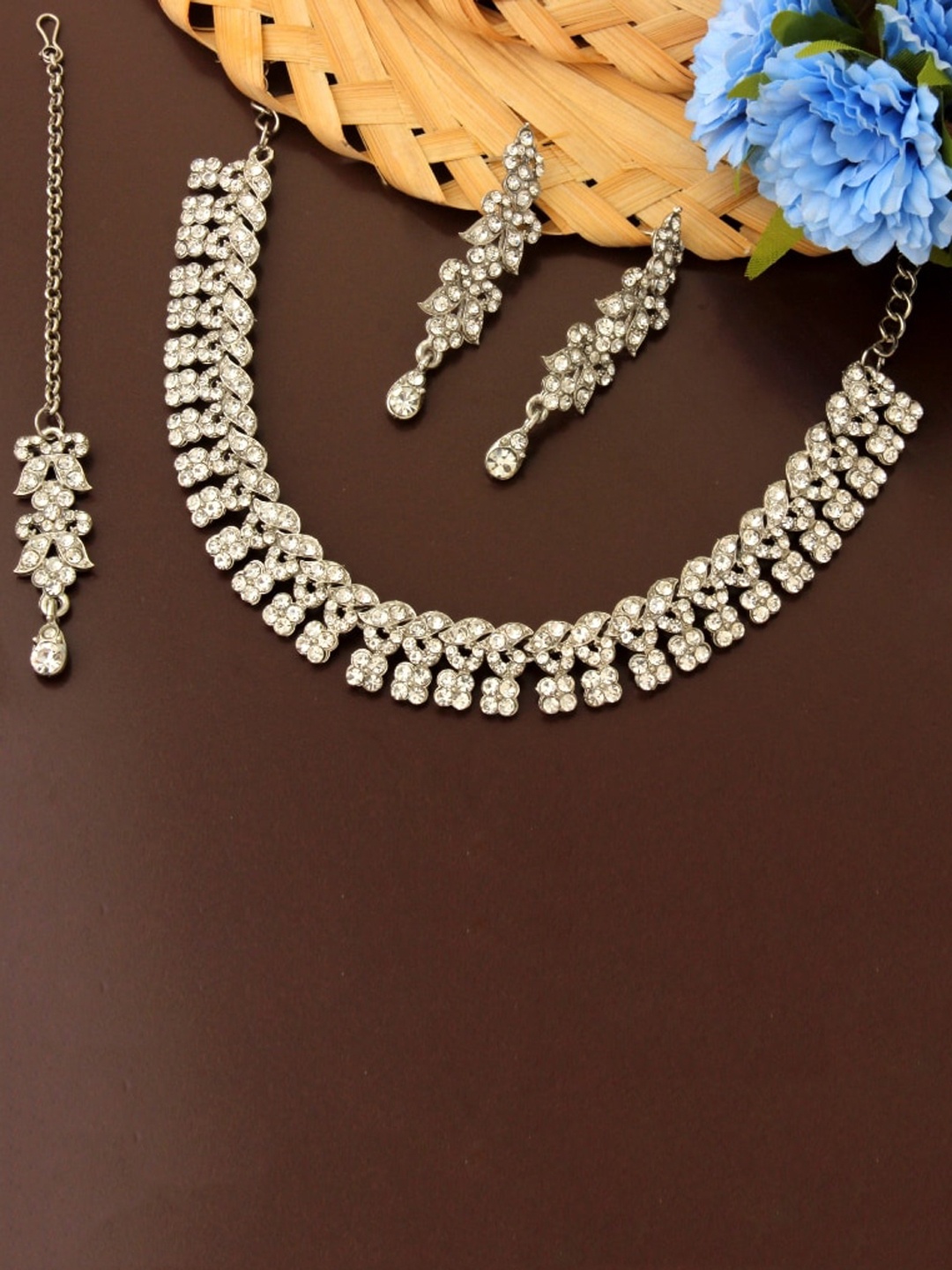 

Atasi International Silver-Plated Crystal Studded Choker Necklace Jewellery Set
