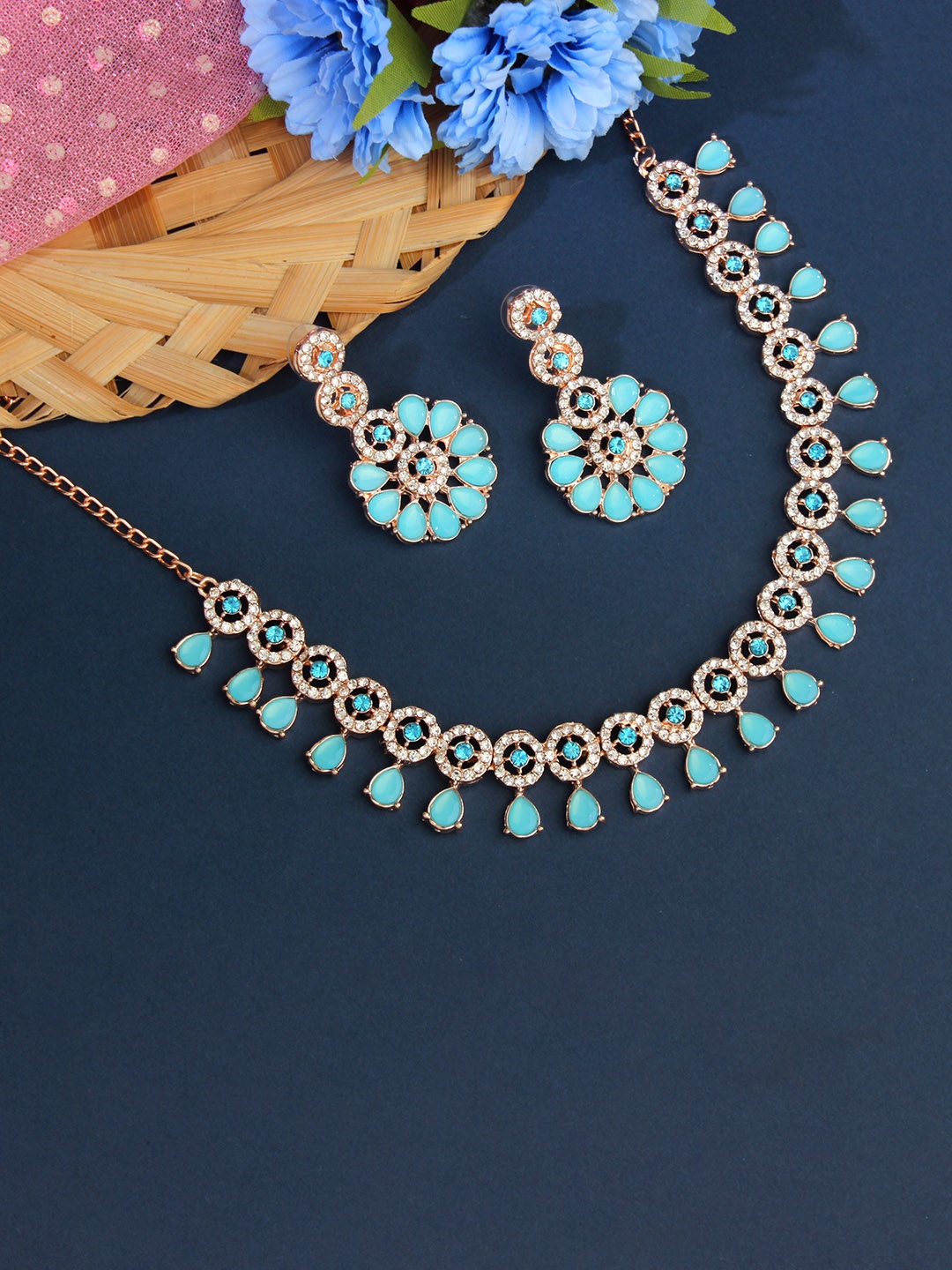 

Atasi International Rose Gold-Plated Crystal Stone-Studded Round & Flower Shape Jewellery Set