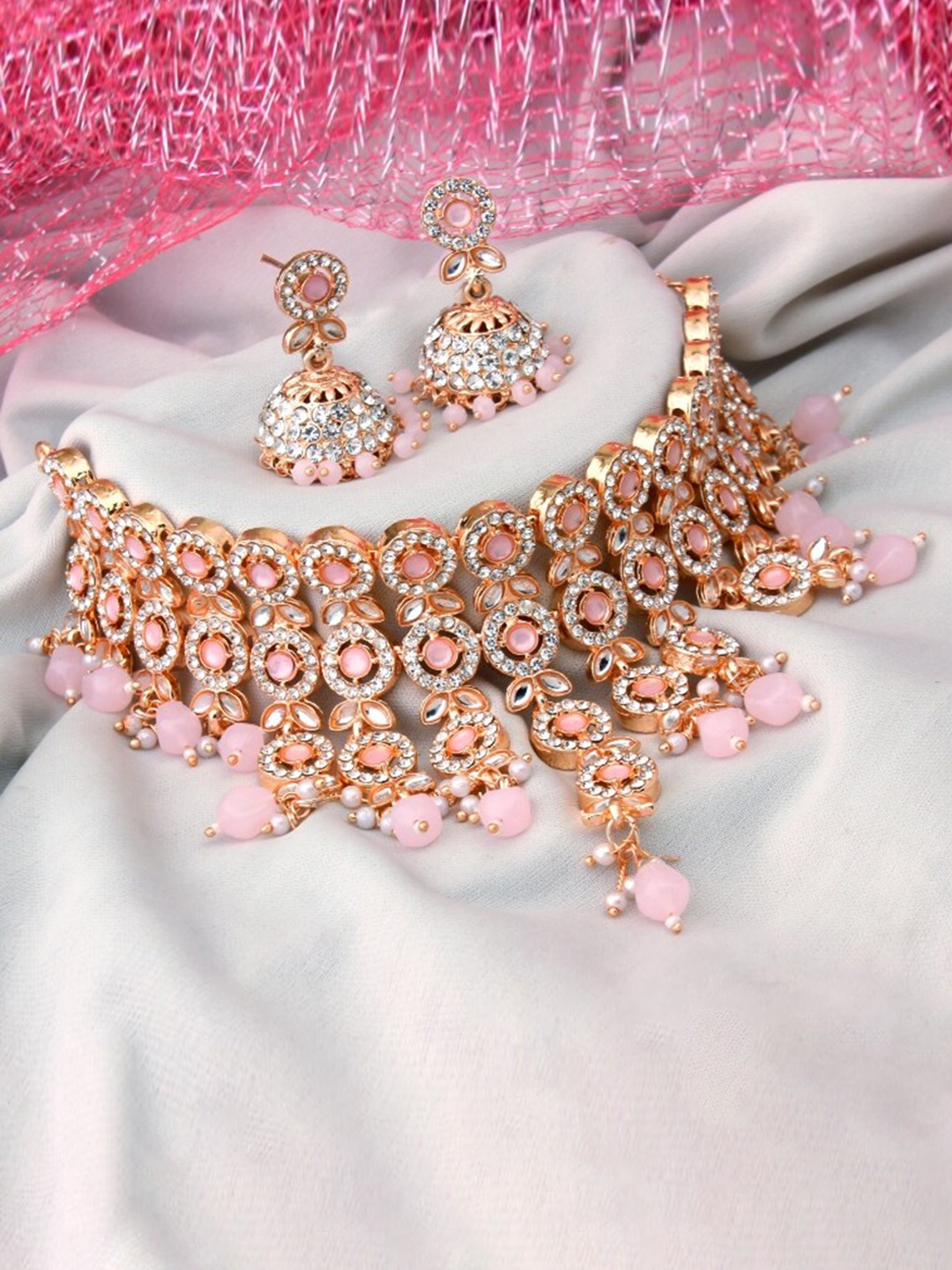 

Atasi International Rose Gold-Plated Crystal-Studded & Pearl Beaded Jewellery Set