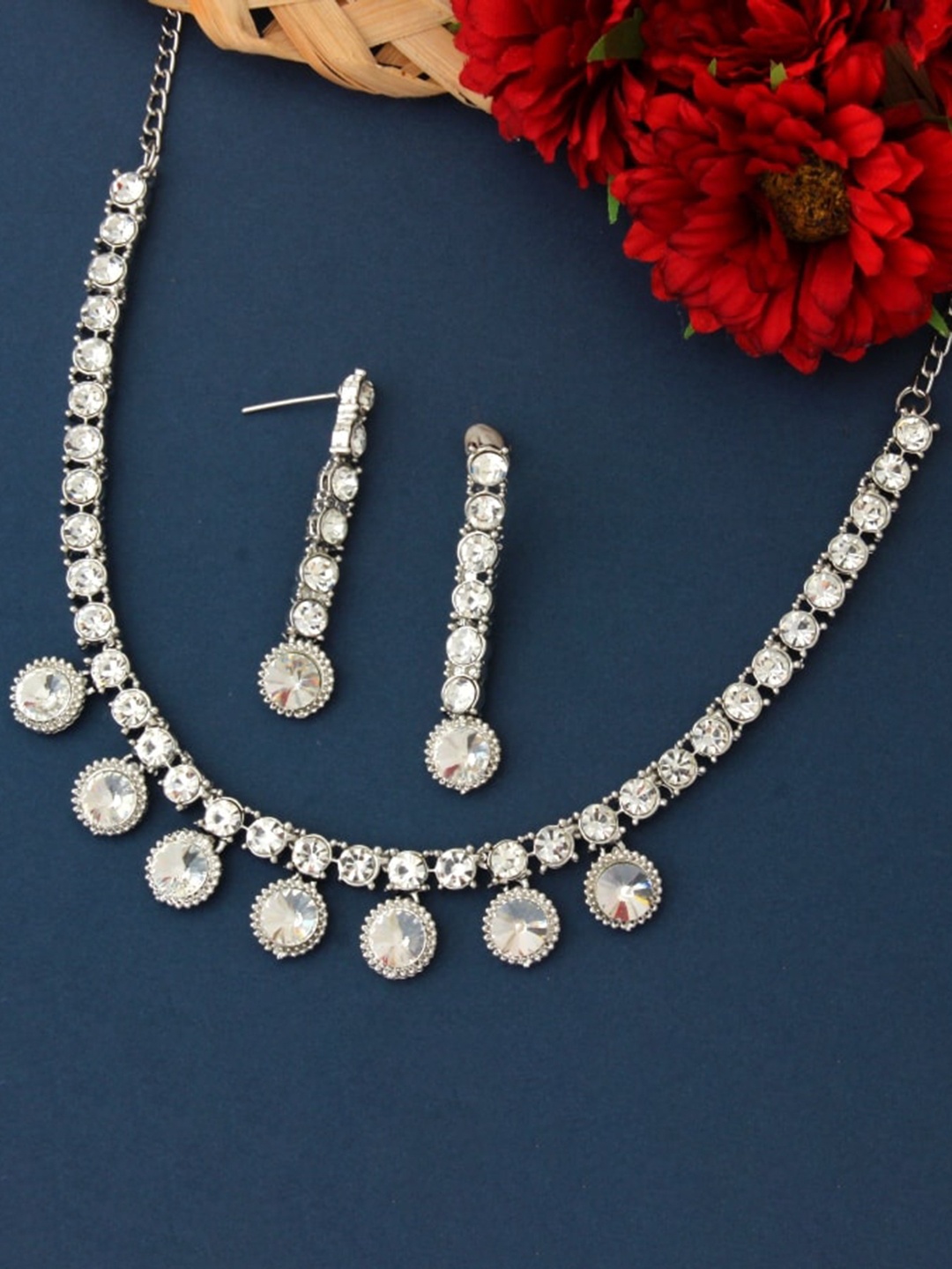 

Atasi International Silver-Plated White Crystal Stone-Studded Choker Necklace Set